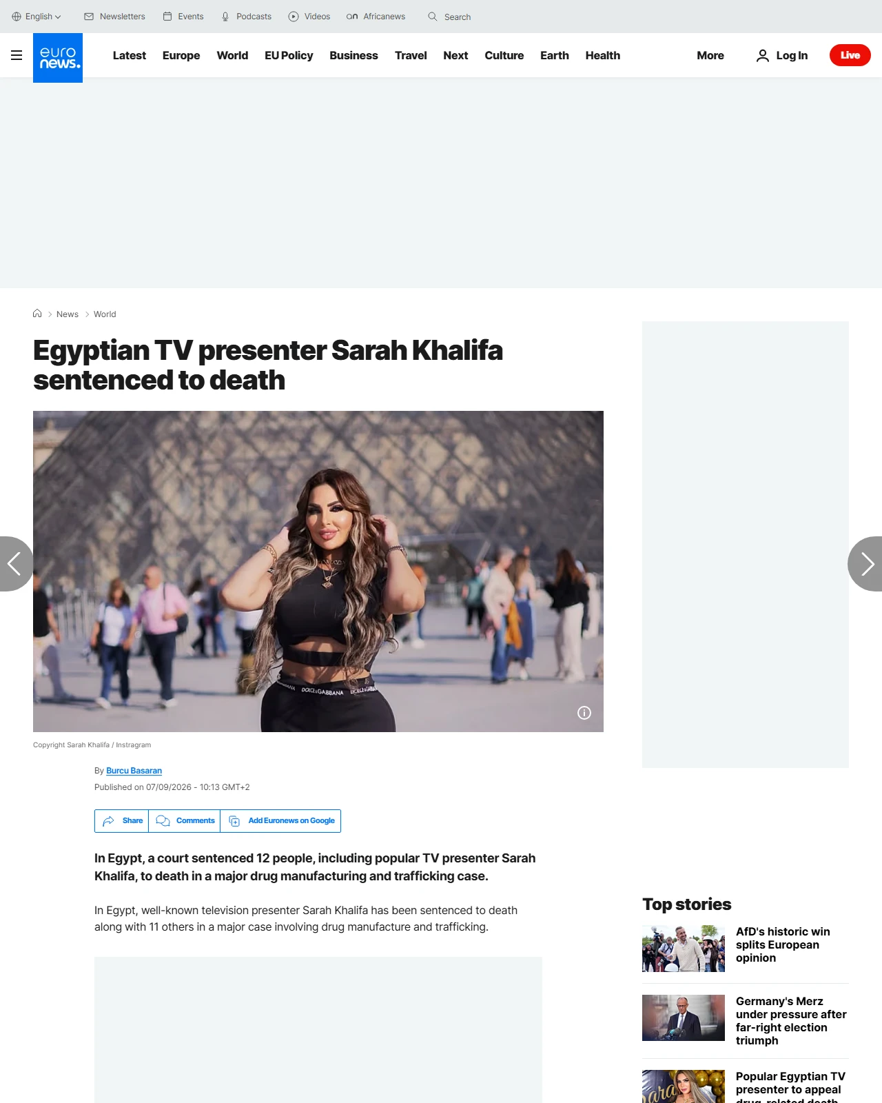 euronews.com as published: Egyptian TV presenter Sarah Khalifa sentenced to death