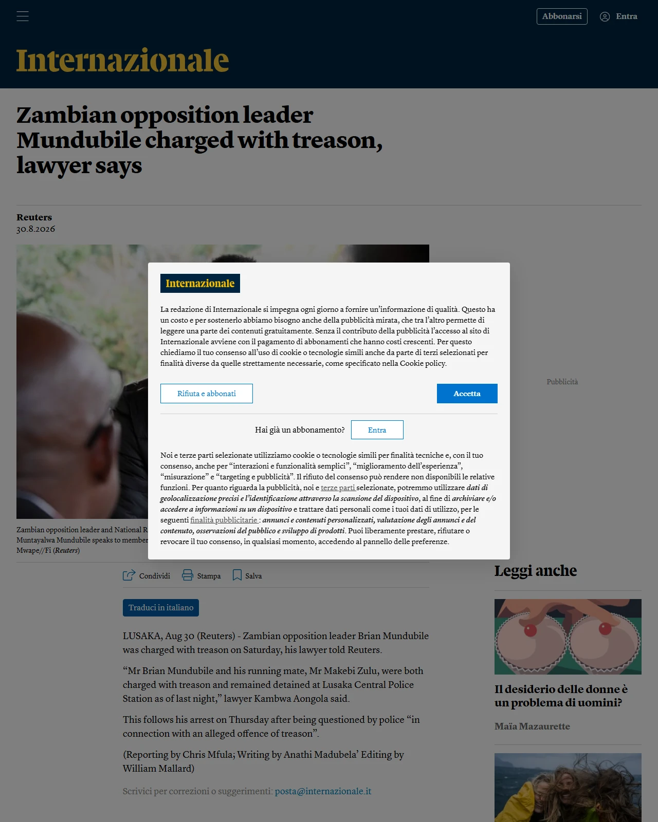 internazionale.it as published: Zambian opposition leader Mundubile charged with treason, lawyer says
