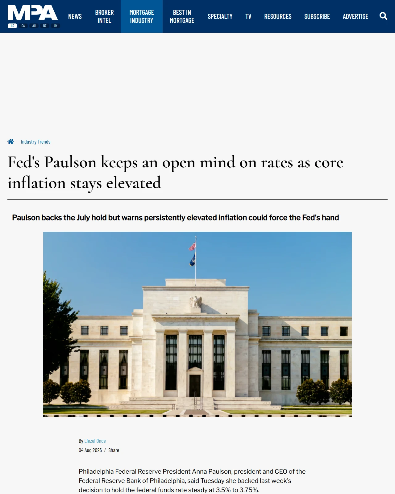 mpamag.com as published: Fed's Paulson keeps an open mind on rates as core inflation stays elevated