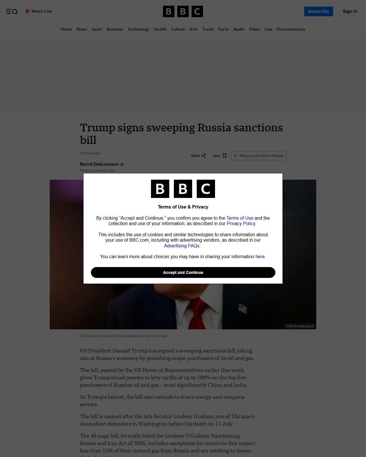 bbc.co.uk as published: Trump signs sweeping Russia sanctions bill