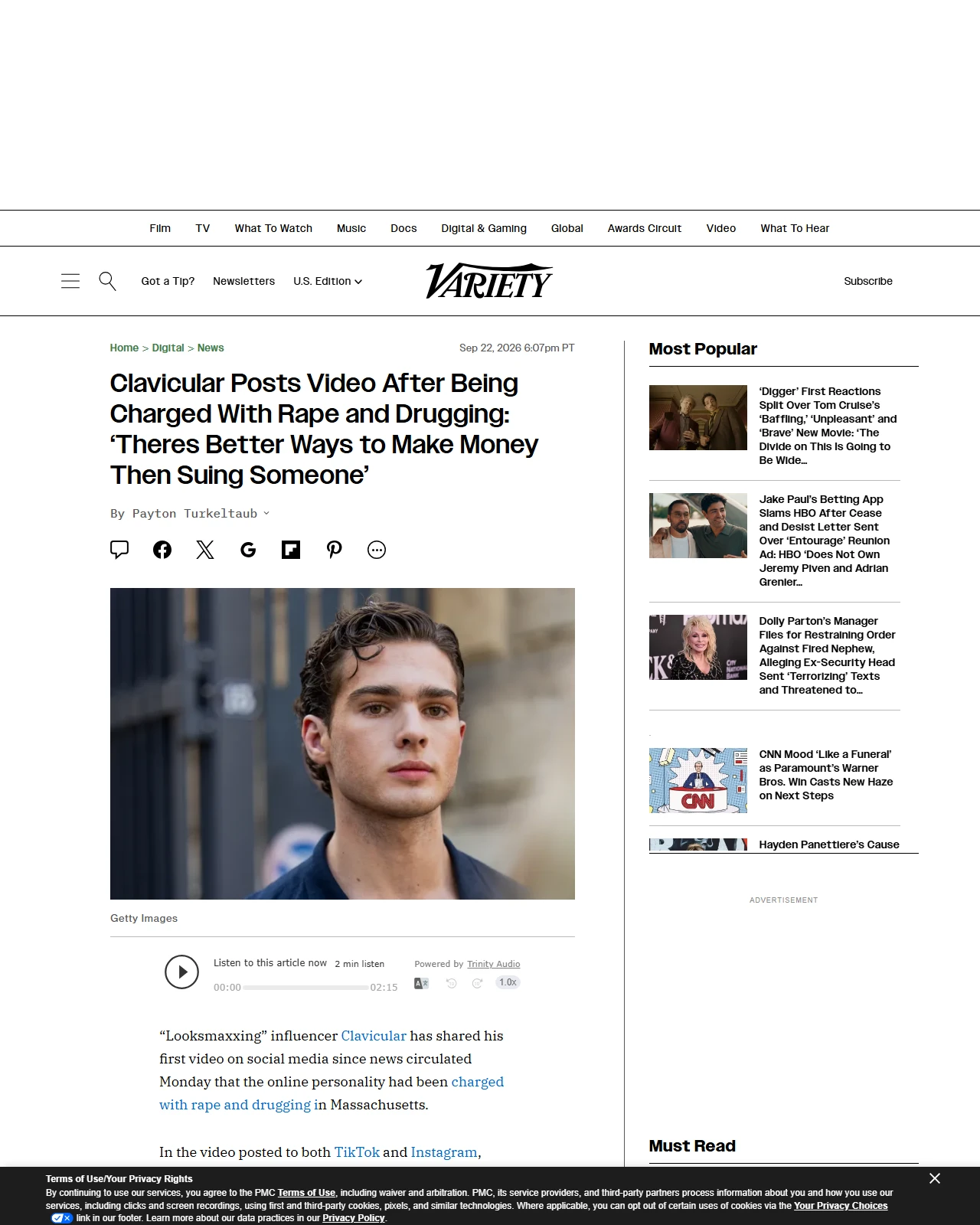 variety.com as published: Clavicular Posts Video After Being Charged With Rape and Drugging