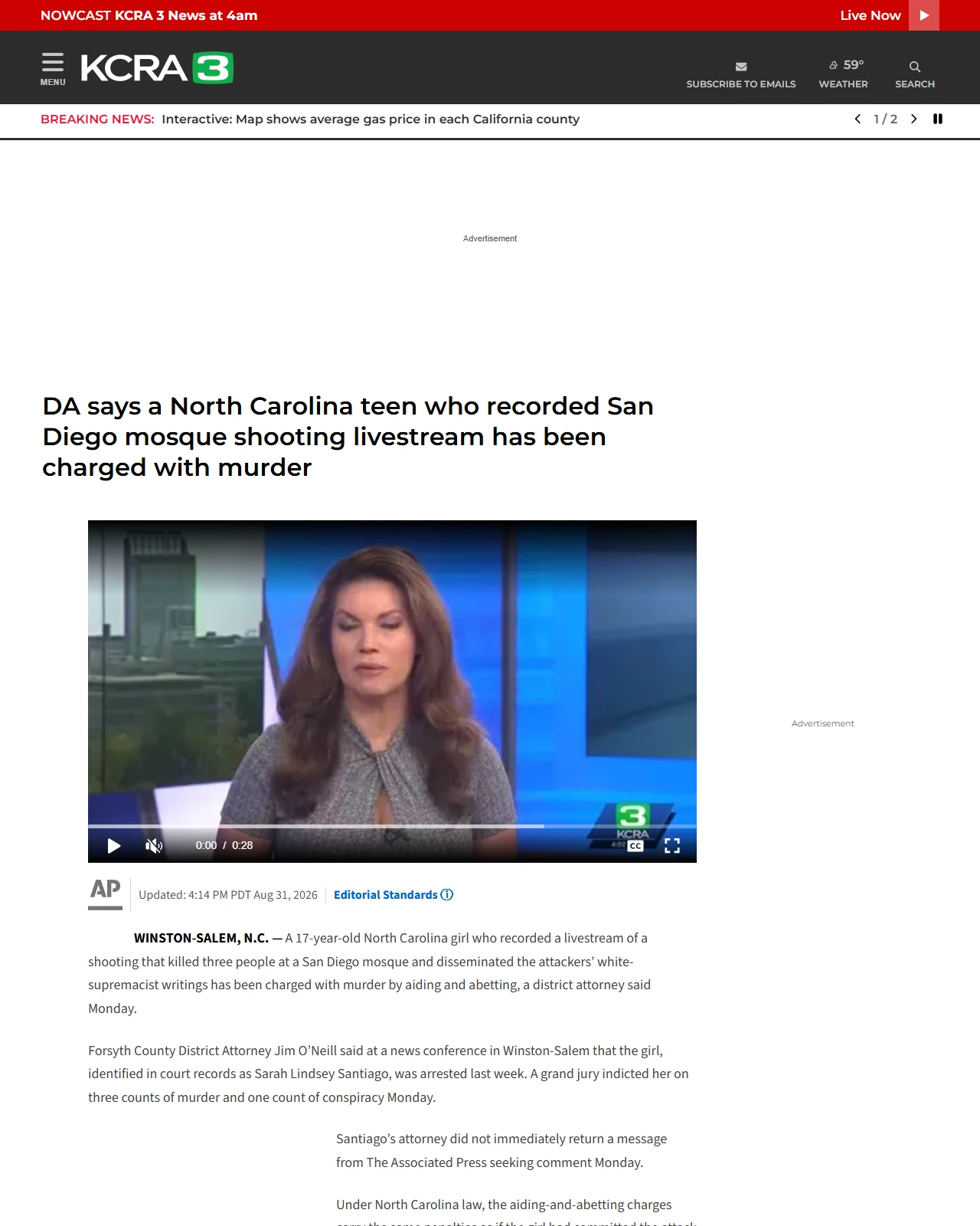 kcra.com as published: DA says a N.C. teen who recorded San Diego mosque shooting livestream has been charged with murder