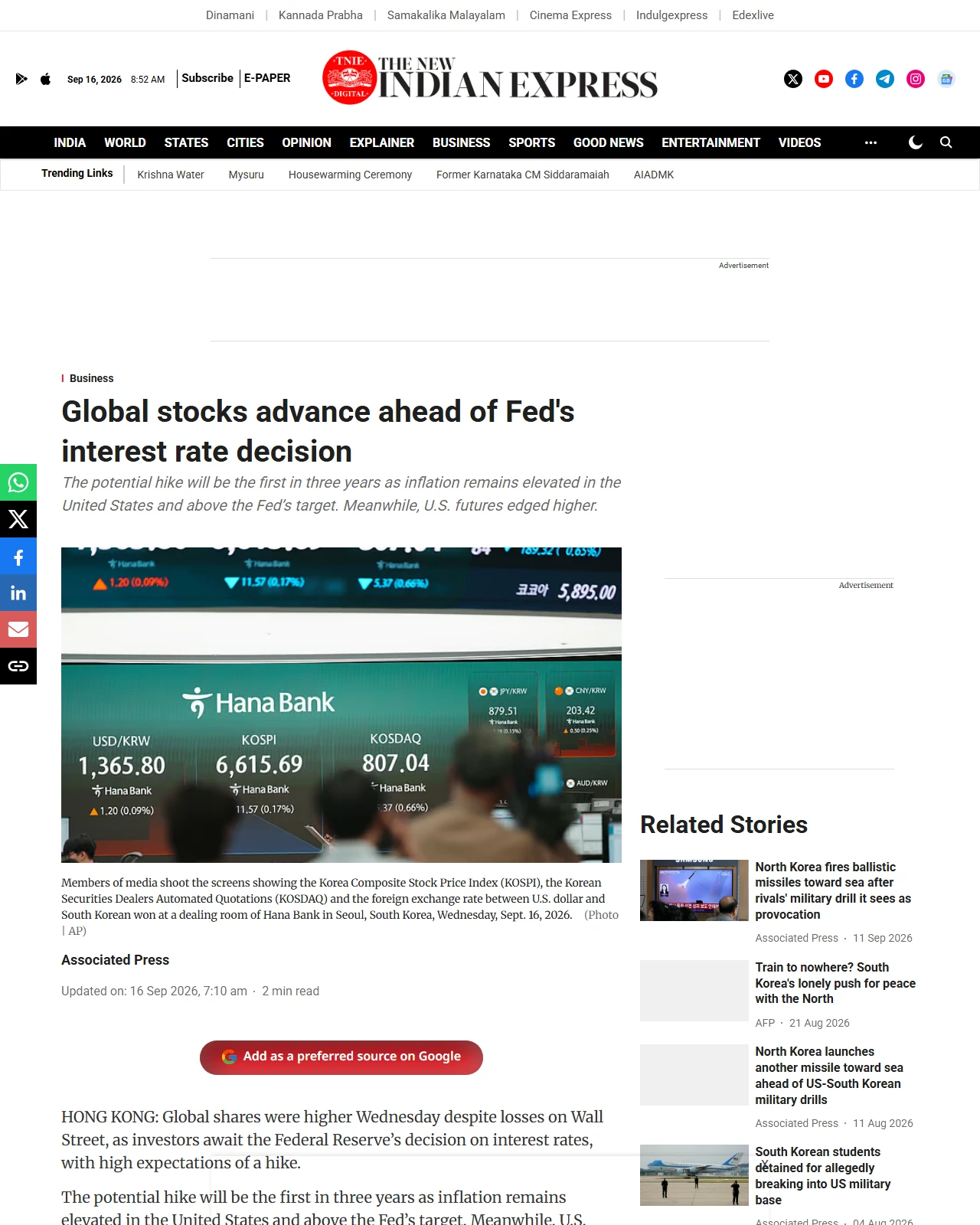 newindianexpress.com as published: Global stocks advance ahead of Fed's interest rate decision