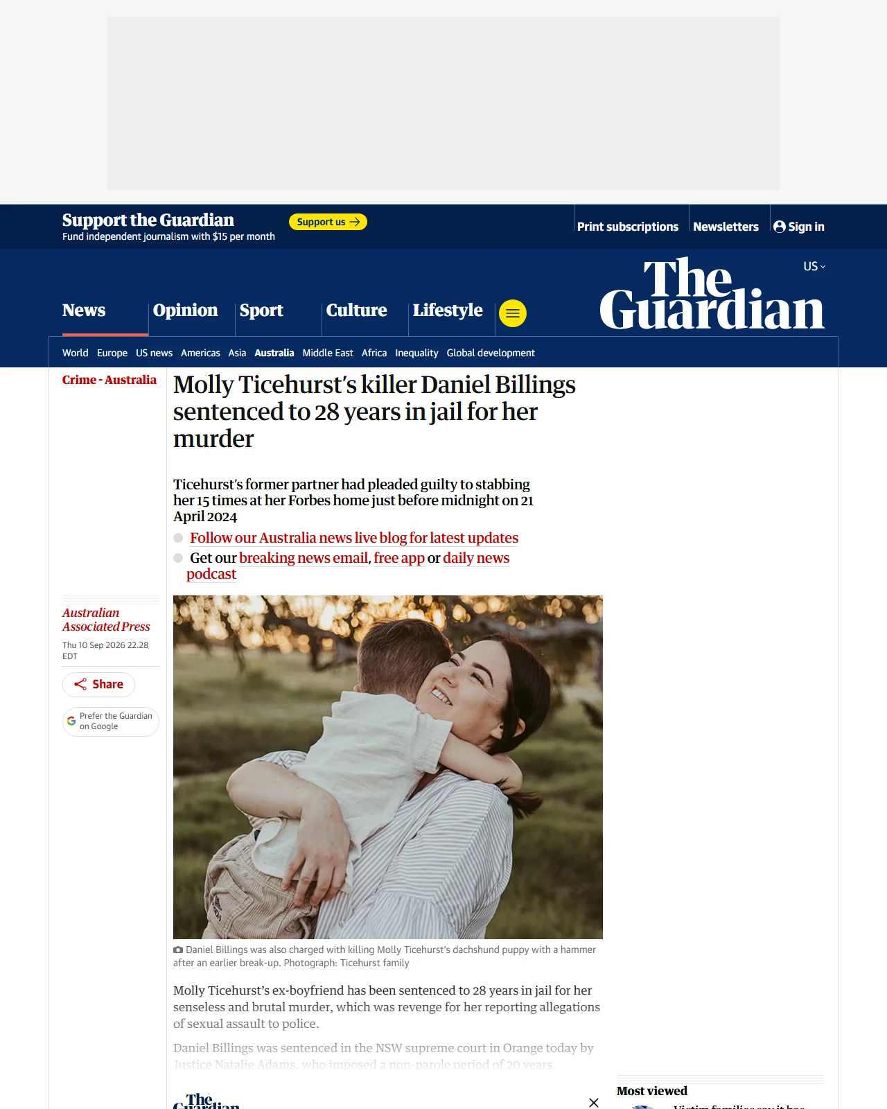 theguardian.com as published: Molly Ticehurst’s killer Daniel Billings sentenced to 28 years in jail for her murder | Crime - Australia