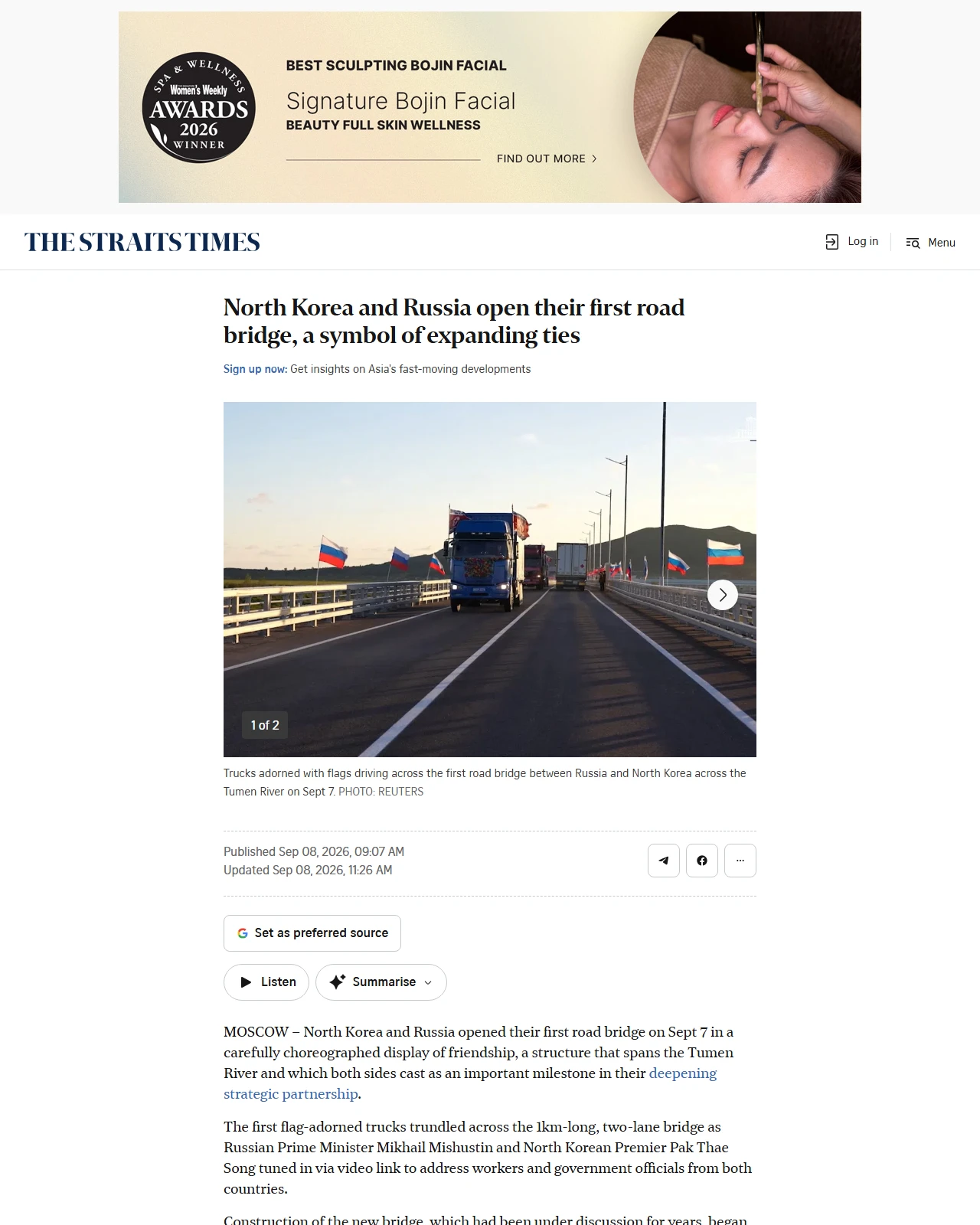 straitstimes.com as published: North Korea and Russia open their first road bridge, a symbol of expanding ties
