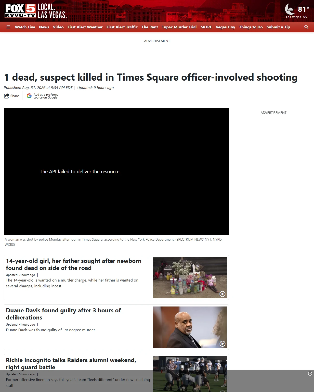 fox5vegas.com as published: 1 dead, suspect killed in Times Square officer-involved shooting