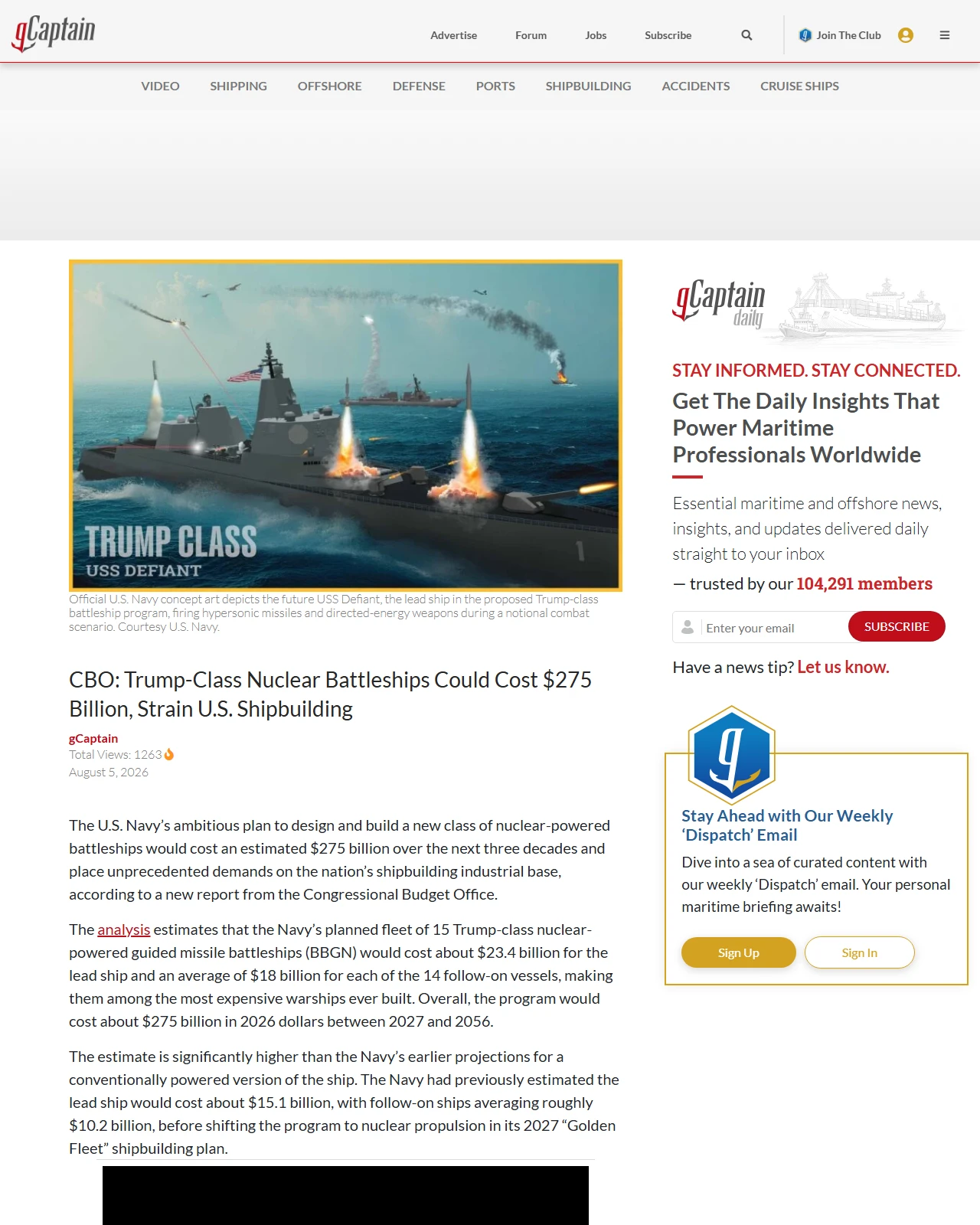 gcaptain.com as published: CBO: Trump-Class Nuclear Battleships Could Cost $275 Billion, Strain U.S. Shipbuilding