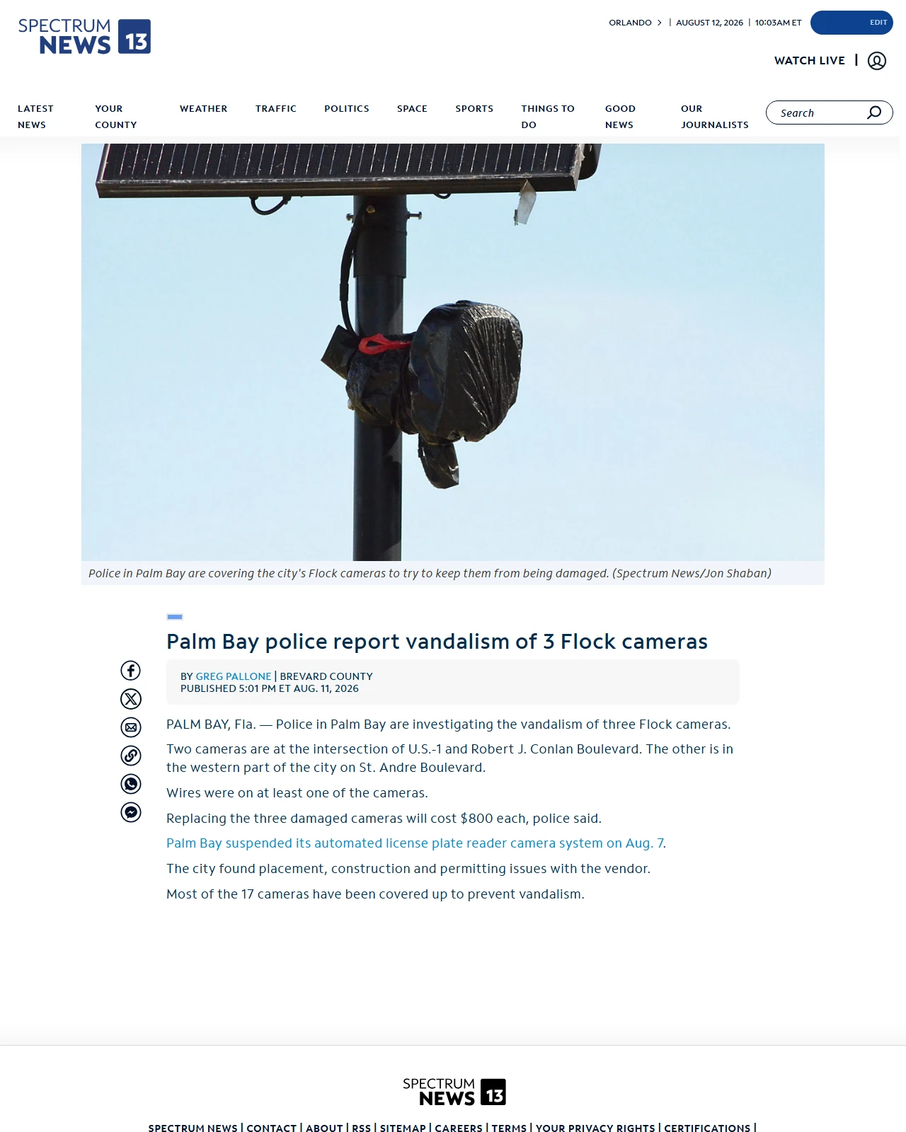 mynews13.com as published: Palm Bay police report vandalism of 3 Flock cameras