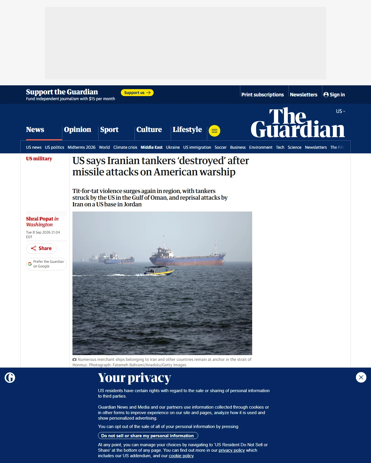 theguardian.com as published: US says Iranian tankers ‘destroyed’ after missile attacks on American warship