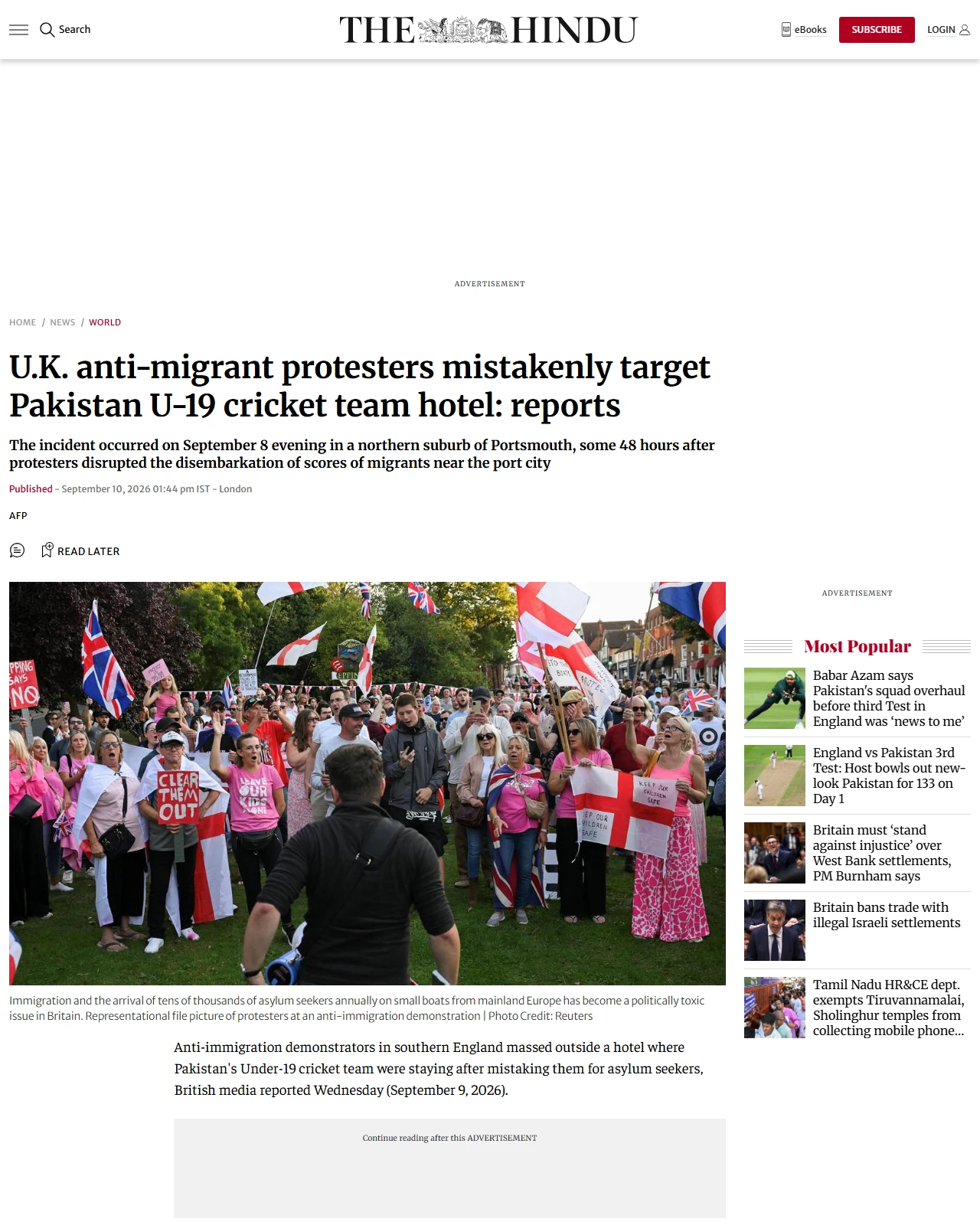 thehindu.com as published: U.K. anti-migrant protesters mistakenly target Pakistan U-19 cricket team hotel: reports
