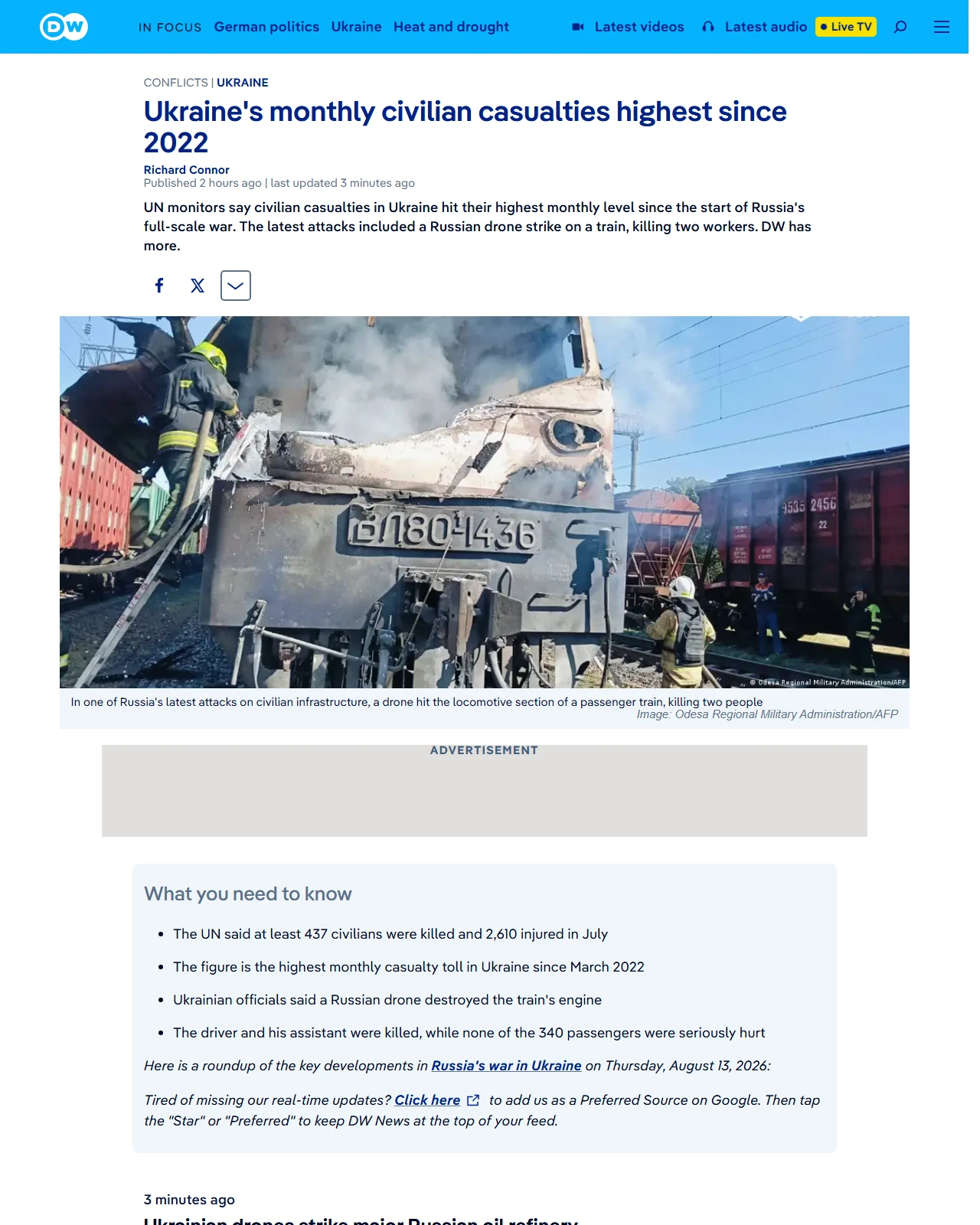 dw.com as published: Ukraine's monthly civilian casualties highest since 2022