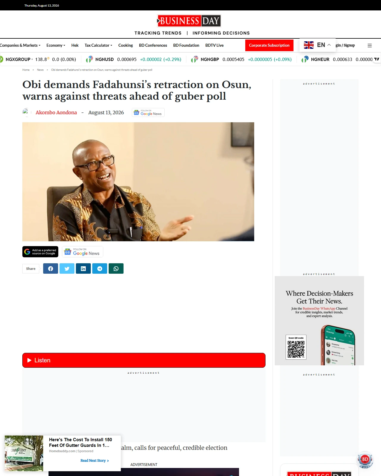 businessday.ng as published: Obi demands Fadahunsi’s retraction on Osun, warns against threats ahead of guber poll
