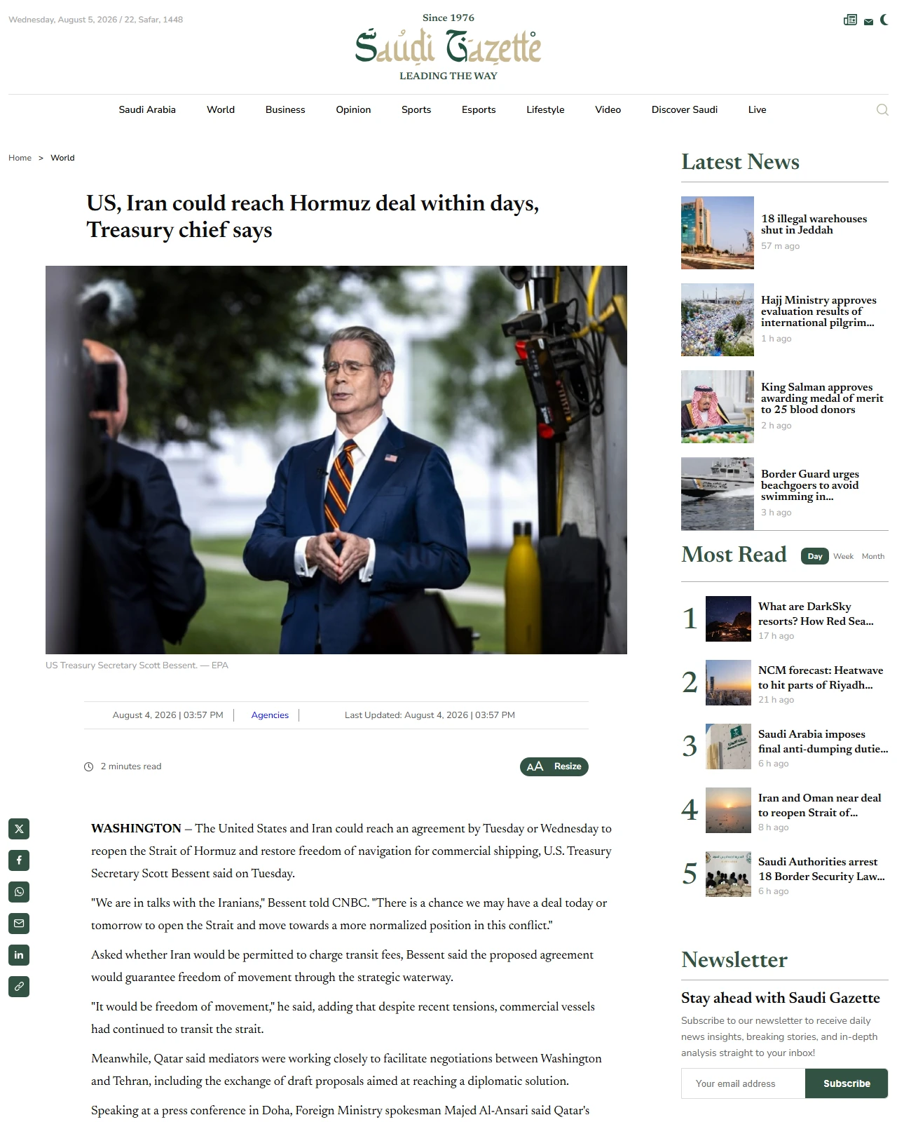 saudigazette.com.sa as published: US, Iran could reach Hormuz deal within days, Treasury chief says