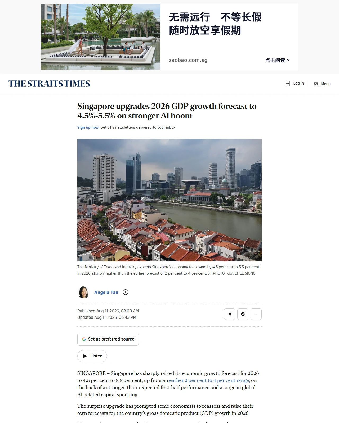 straitstimes.com as published: Singapore upgrades 2026 GDP growth forecast to 4.5%-5.5% on stronger AI boom