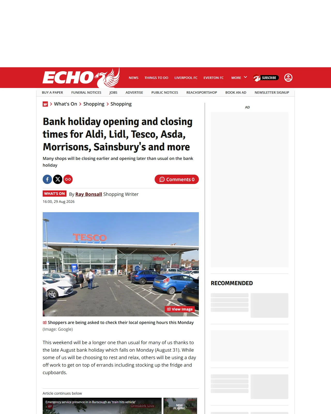 liverpoolecho.co.uk as published: Bank holiday opening and closing times for Aldi, Lidl, Tesco, Asda, Morrisons, Sainsbury's and more