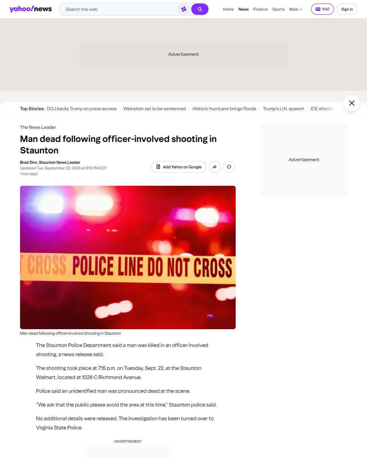 yahoo.com as published: Man dead following officer-involved shooting in Staunton