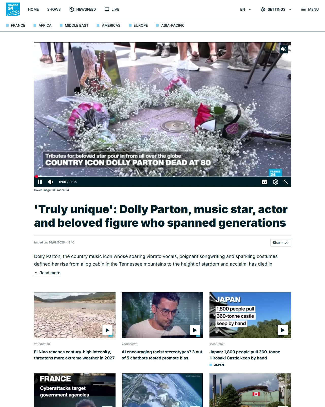 france24.com as published: 'Truly unique': Dolly Parton, music star, actor and beloved figure who spanned generations