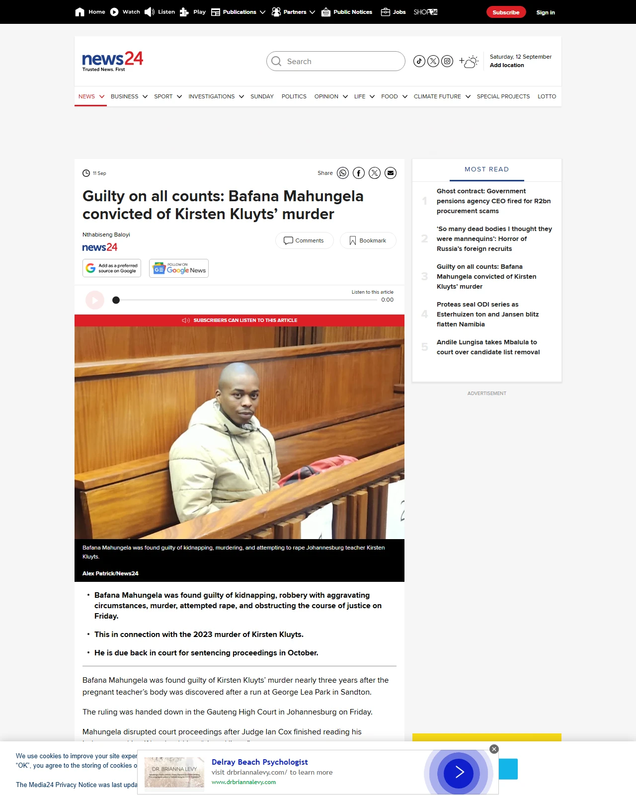 news24.com as published: Guilty on all counts: Bafana Mahungela convicted of Kirsten Kluyts’ murder