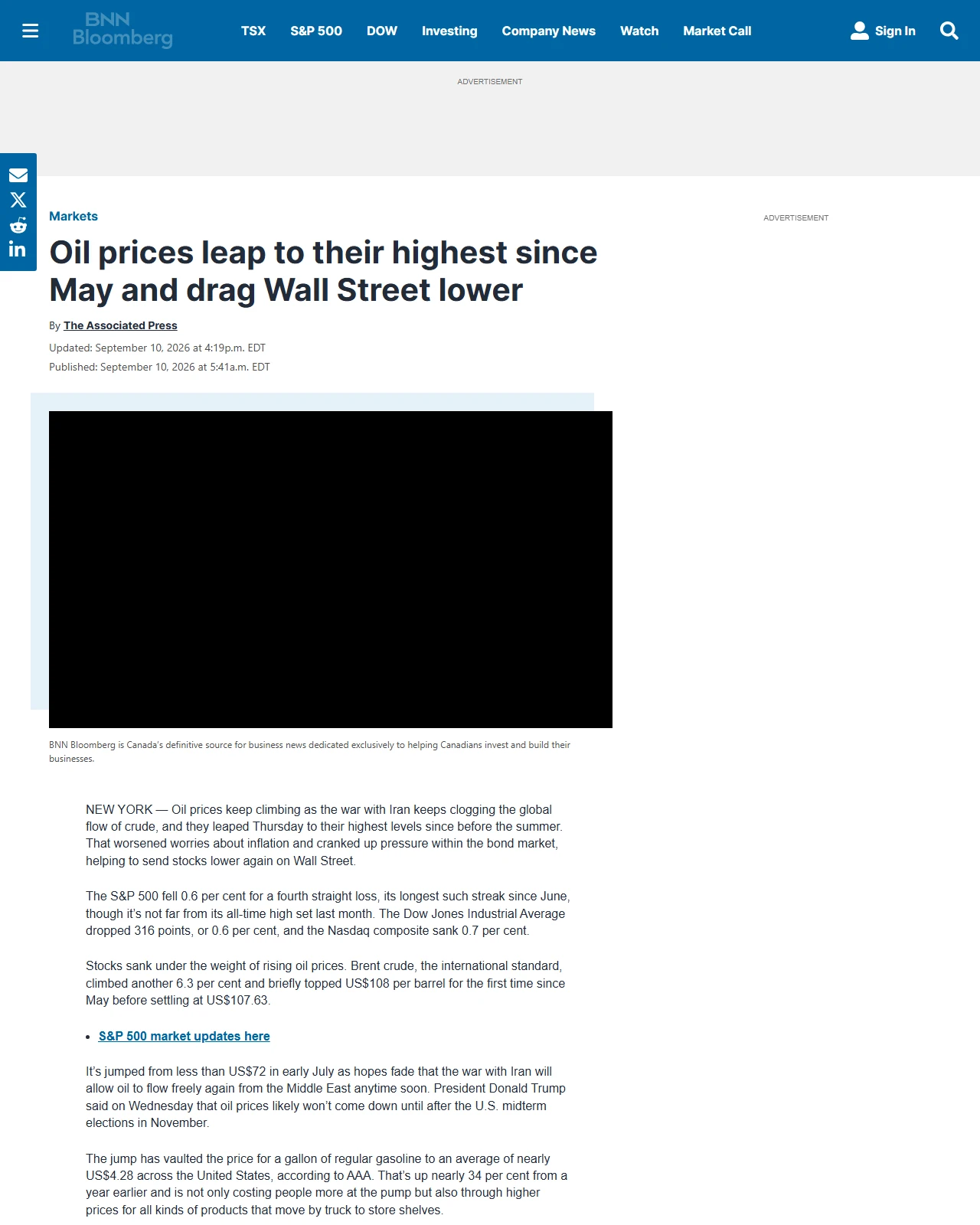 bnnbloomberg.ca as published: Oil prices leap to their highest since May and drag Wall Street lower