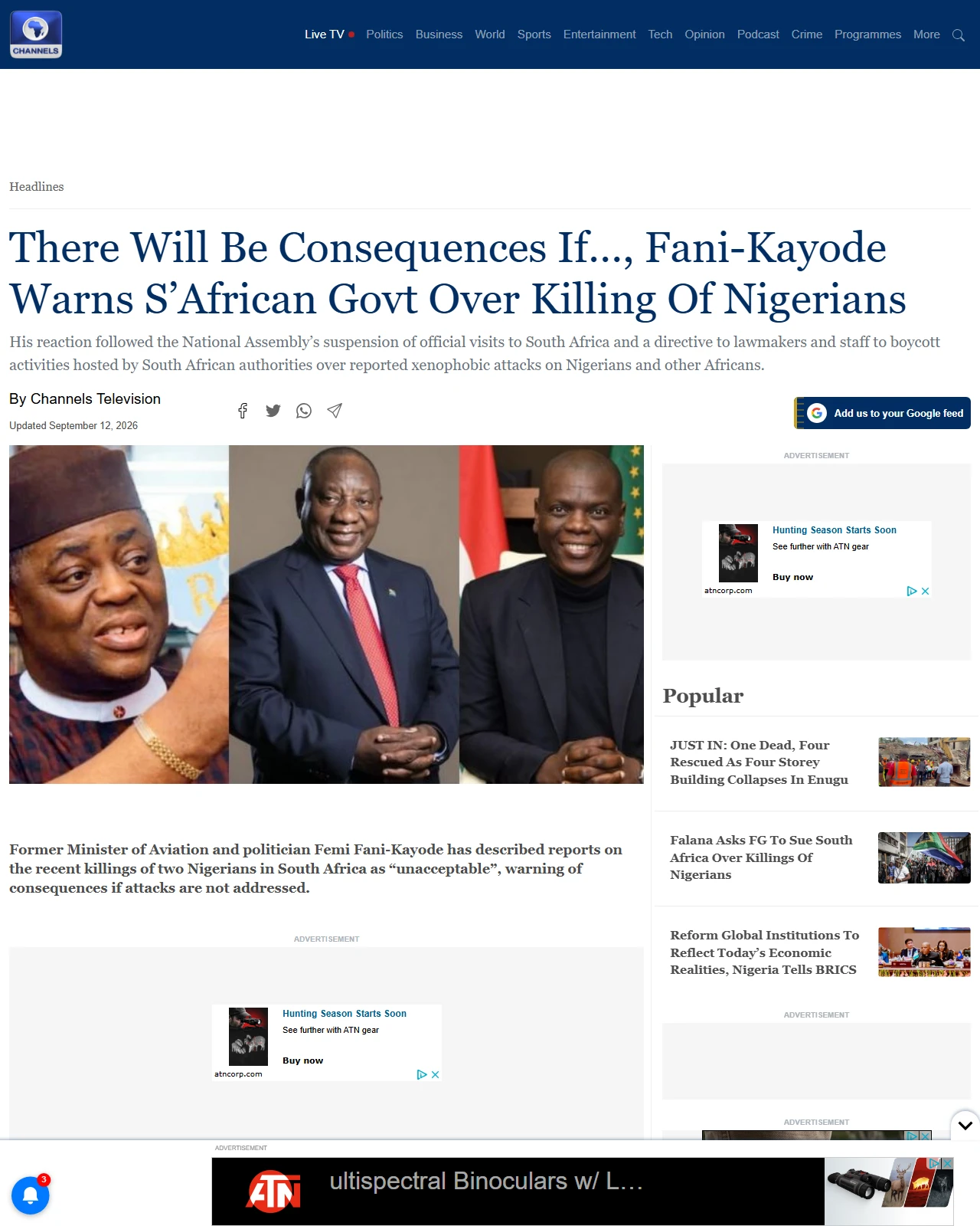 channelstv.com as published: There Will Be Consequences If..., Fani-Kayode Warns S'African Govt Over Killing Of Nigerians