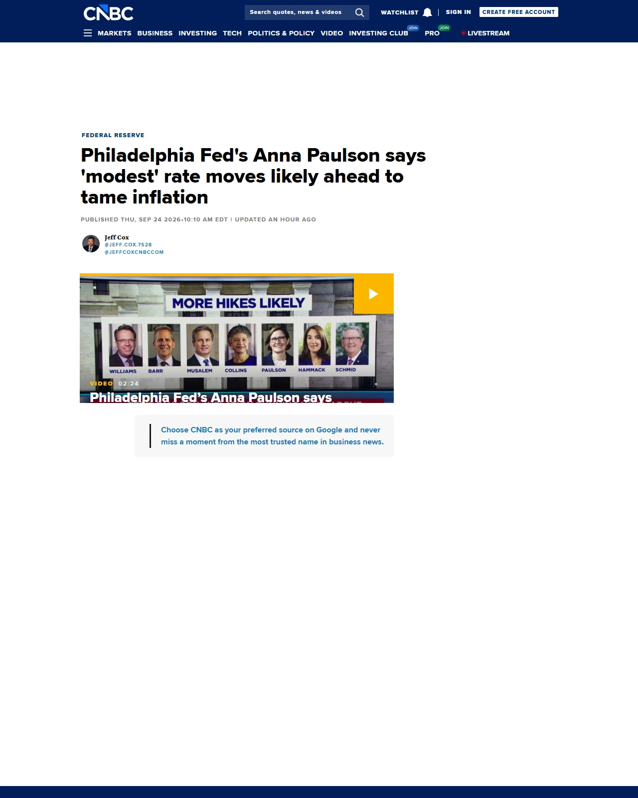 cnbc.com as published: Philadelphia Fed's Anna Paulson says 'modest' rate moves likely ahead to tame inflation