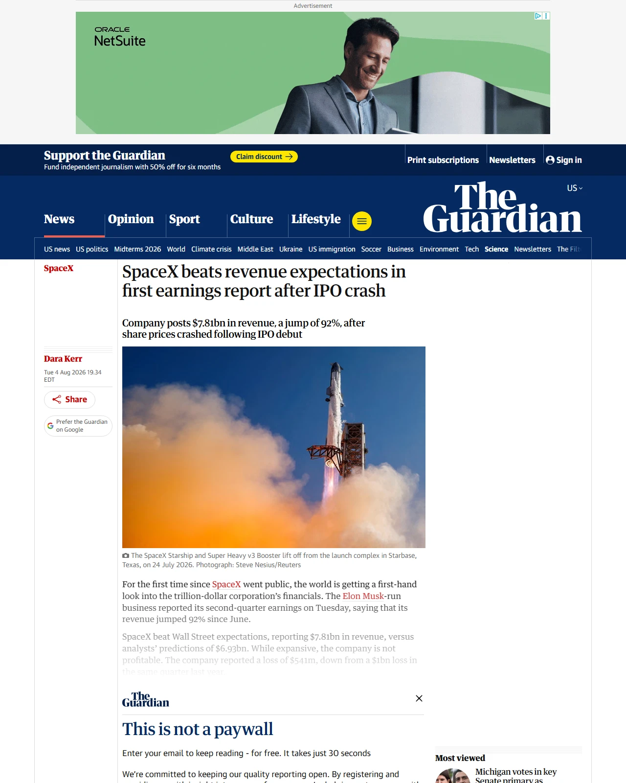 theguardian.com as published: SpaceX beats revenue expectations in first earnings report after IPO crash