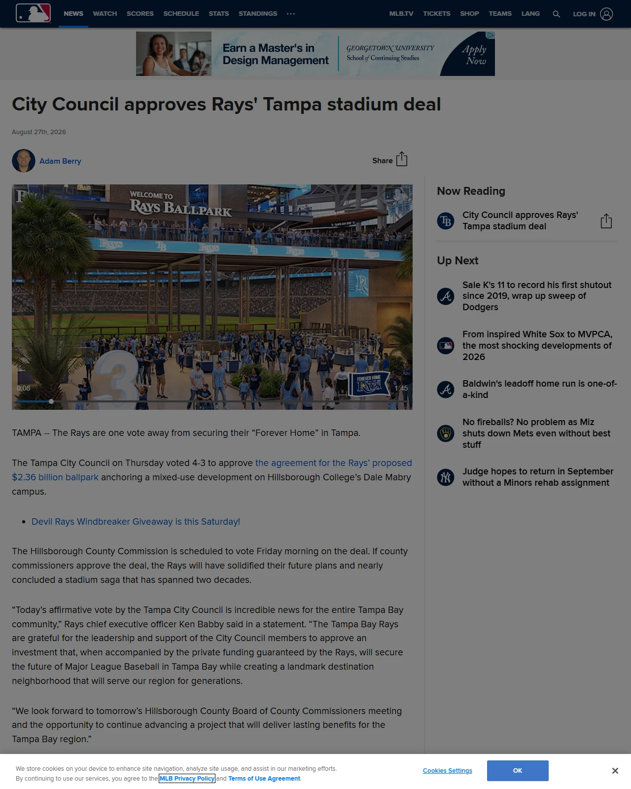 mlb.com as published: City Council approves Rays' Tampa stadium deal