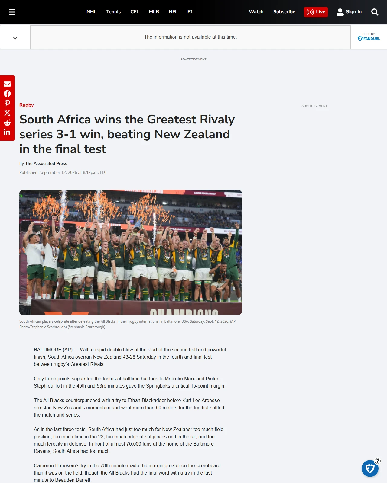 tsn.ca as published: South Africa wins the Greatest Rivaly series 3-1 win, beating New Zealand in the final test