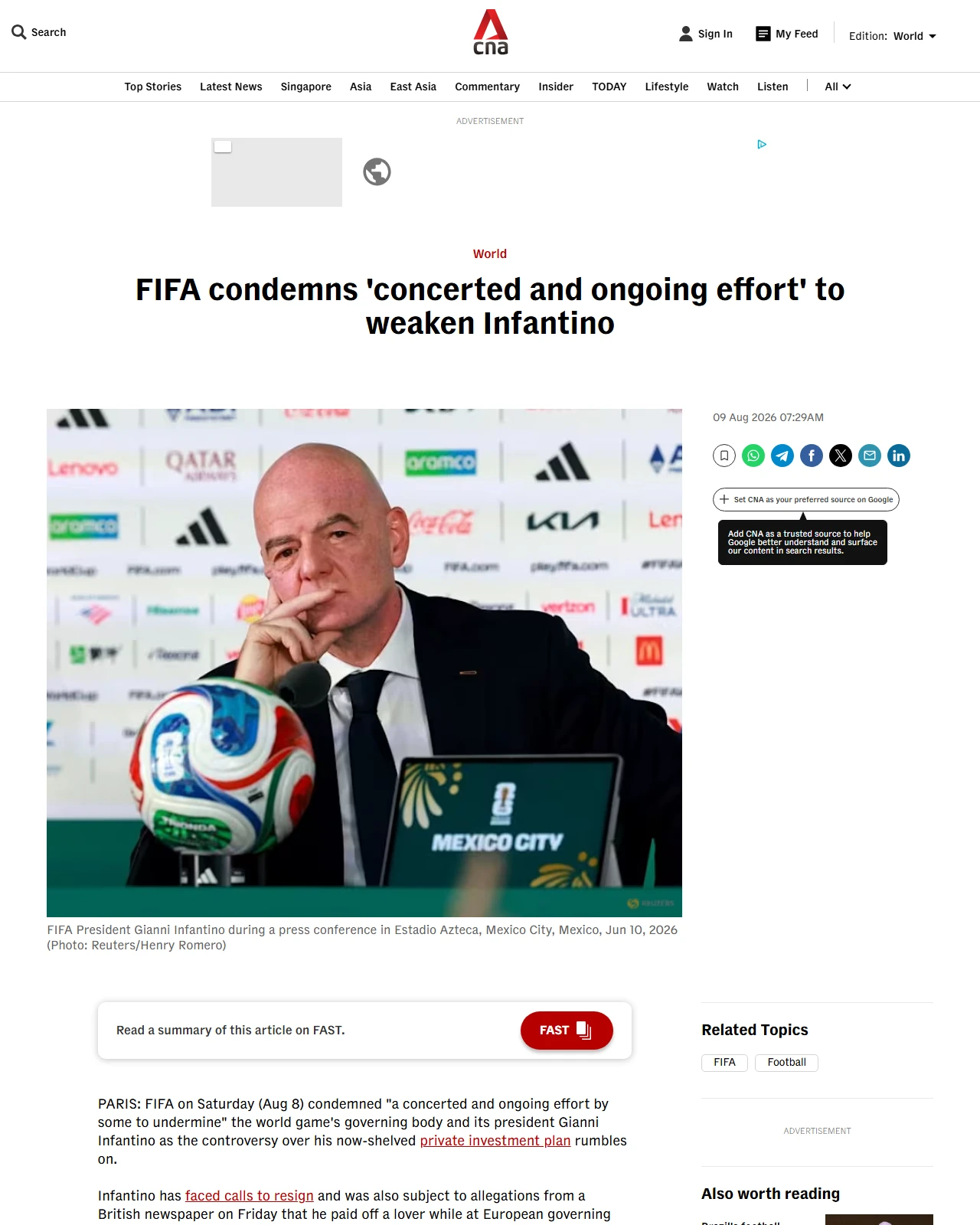 channelnewsasia.com as published: FIFA condemns 'concerted and ongoing effort' to weaken Infantino