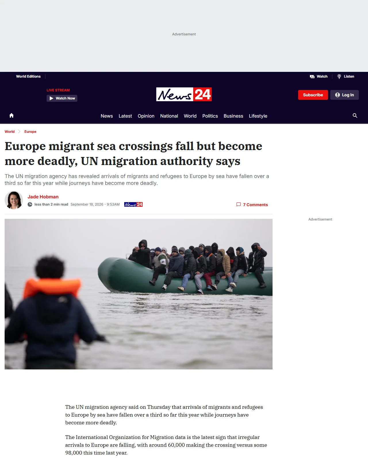 news24.com.au as published: Europe migrant sea crossings fall, but become more deadly: UN org
