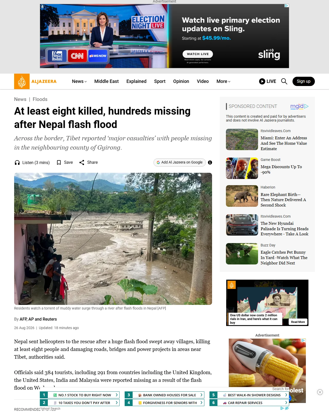 aljazeera.com as published: At least eight killed, hundreds missing after Nepal flash flood