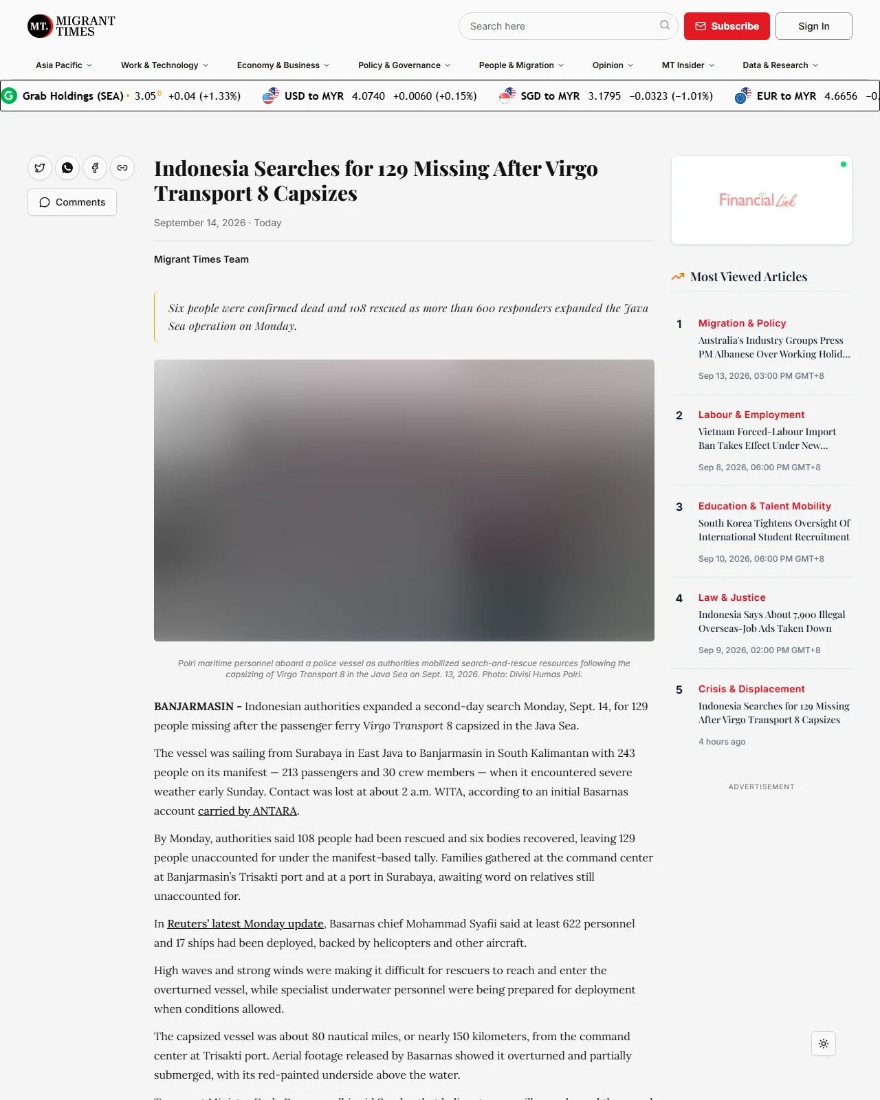 migrantimes.com as published: Indonesia Searches for 129 Missing After Virgo Transport 8 Capsizes