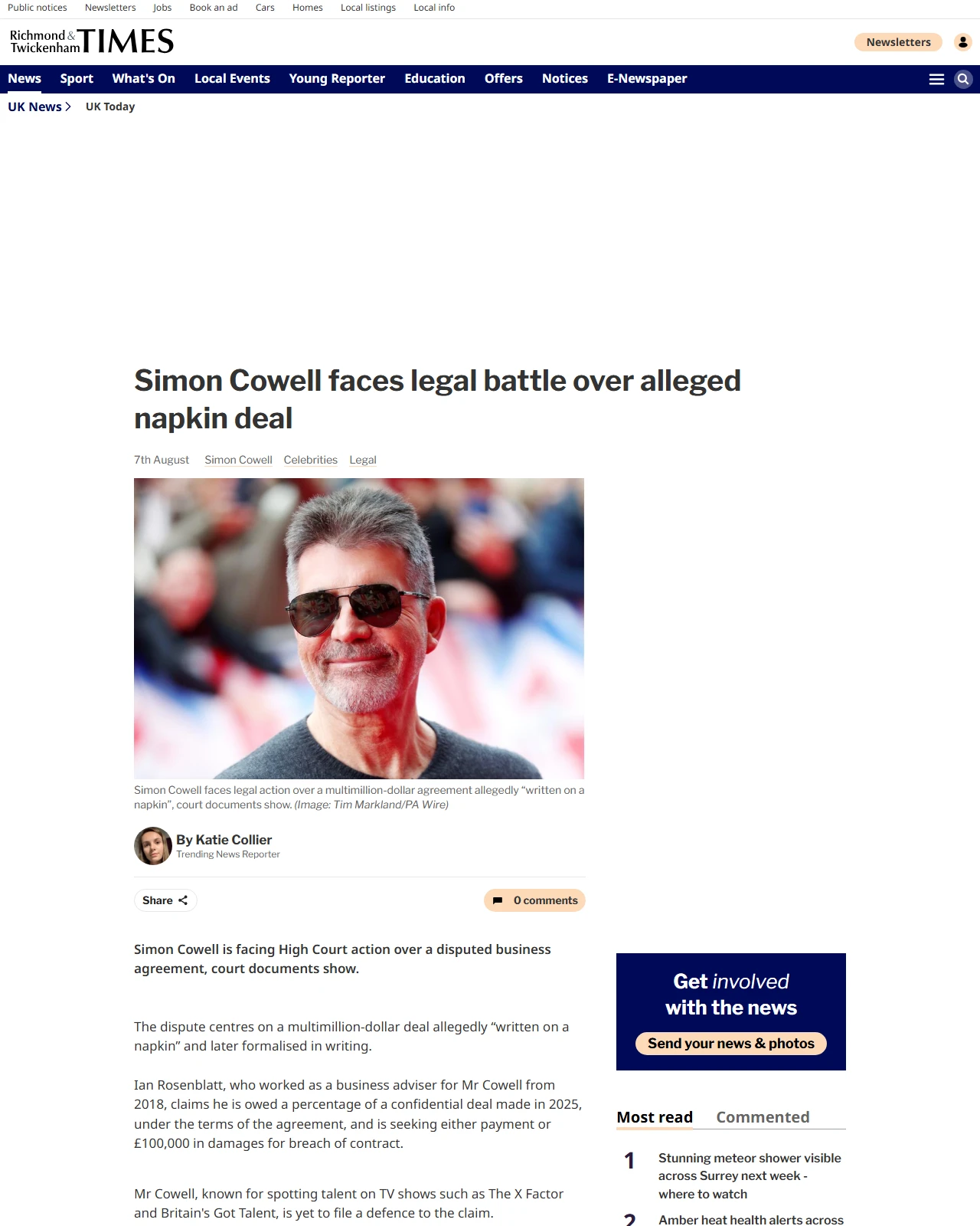 richmondandtwickenhamtimes.co.uk as published: Simon Cowell faces legal fight over alleged ‘napkin deal’, court documents show