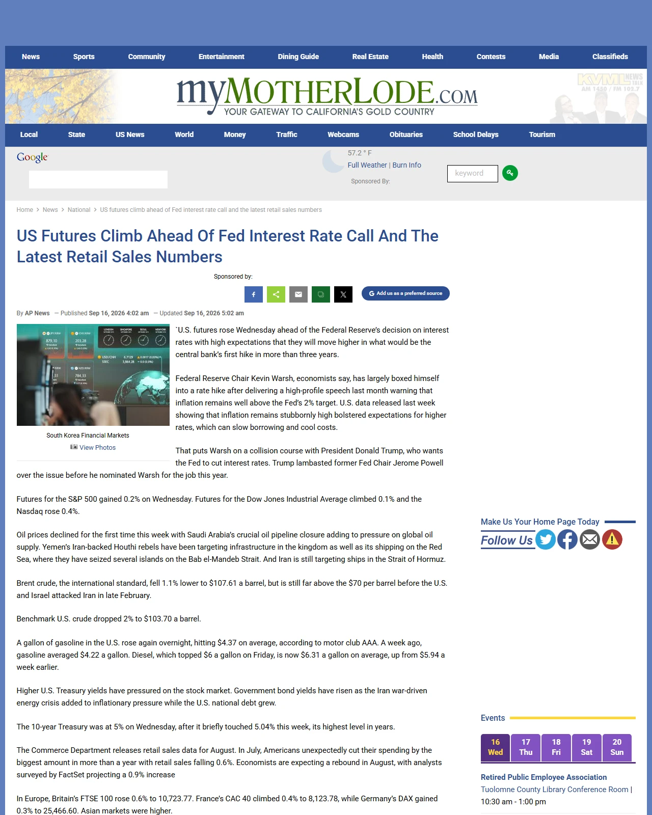 mymotherlode.com as published: Global stocks advance ahead of Fed’s interest rate decision