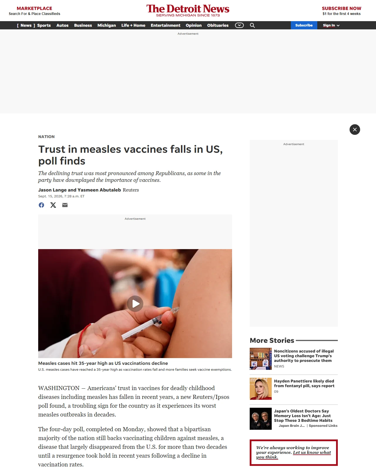 detroitnews.com as published: Trust in measles vaccines falls in US, poll finds