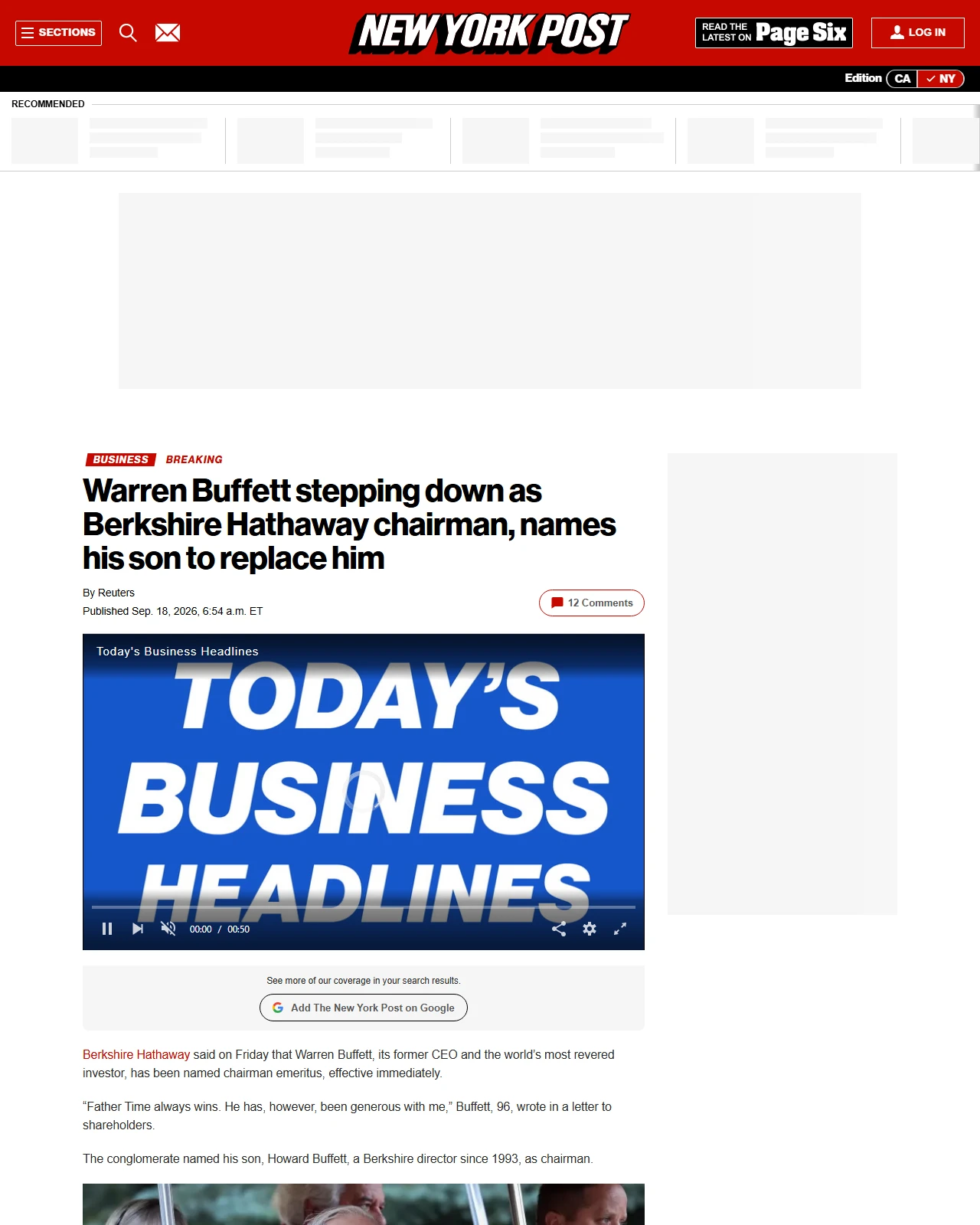 nypost.com as published: Warren Buffett stepping down as Berkshire Hathaway chairman, names his son to replace him