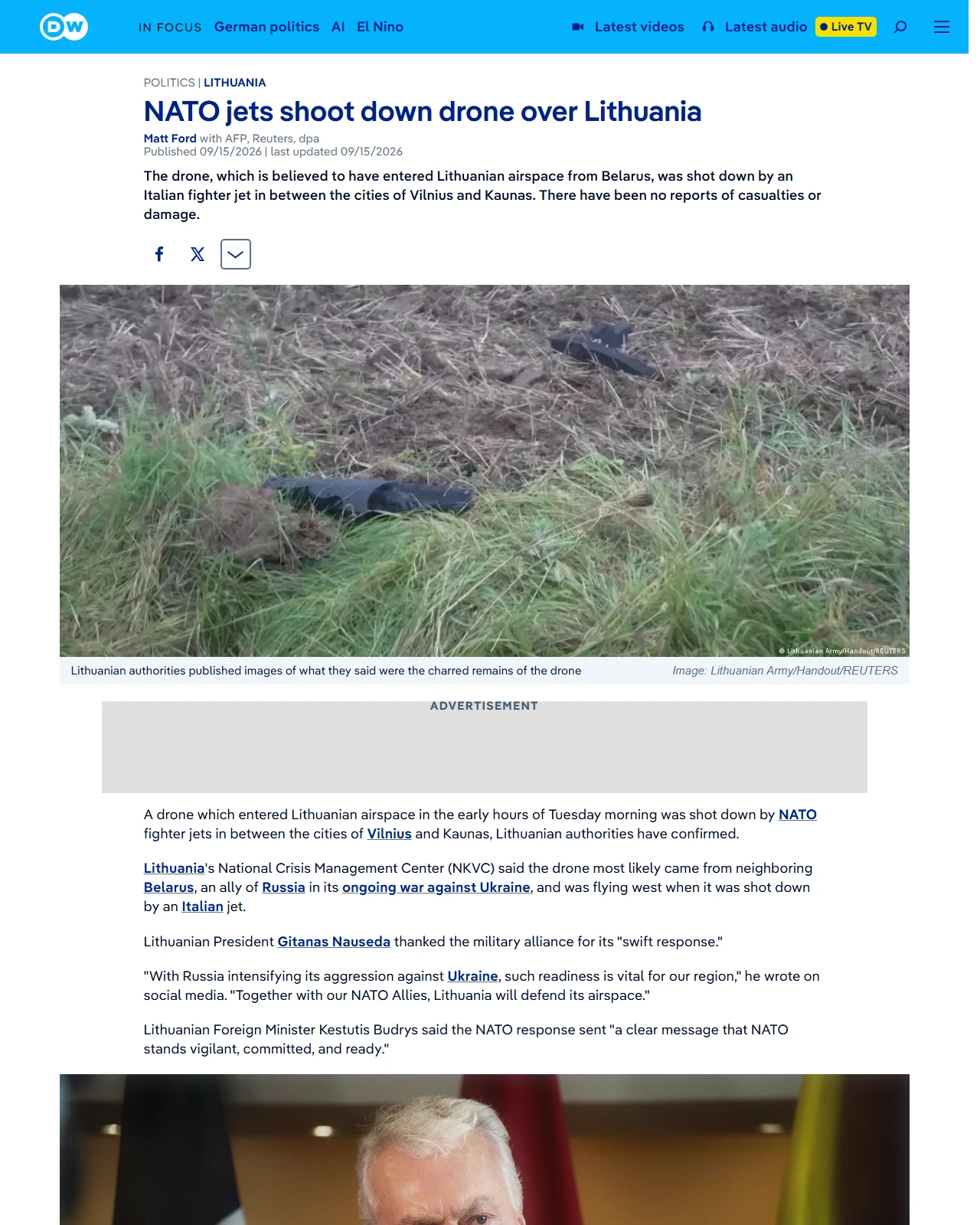 dw.com as published: NATO jets shoot down drone over Lithuania
