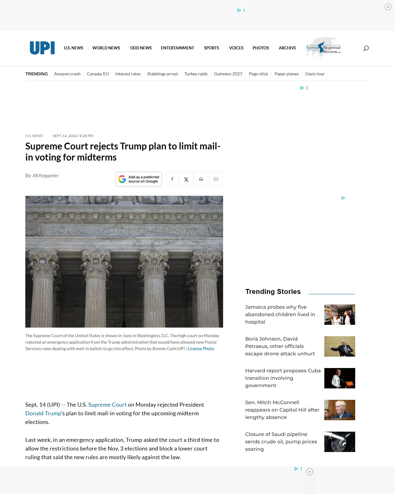 upi.com as published: Supreme Court rejects Trump plan to limit mail-in voting for midterms