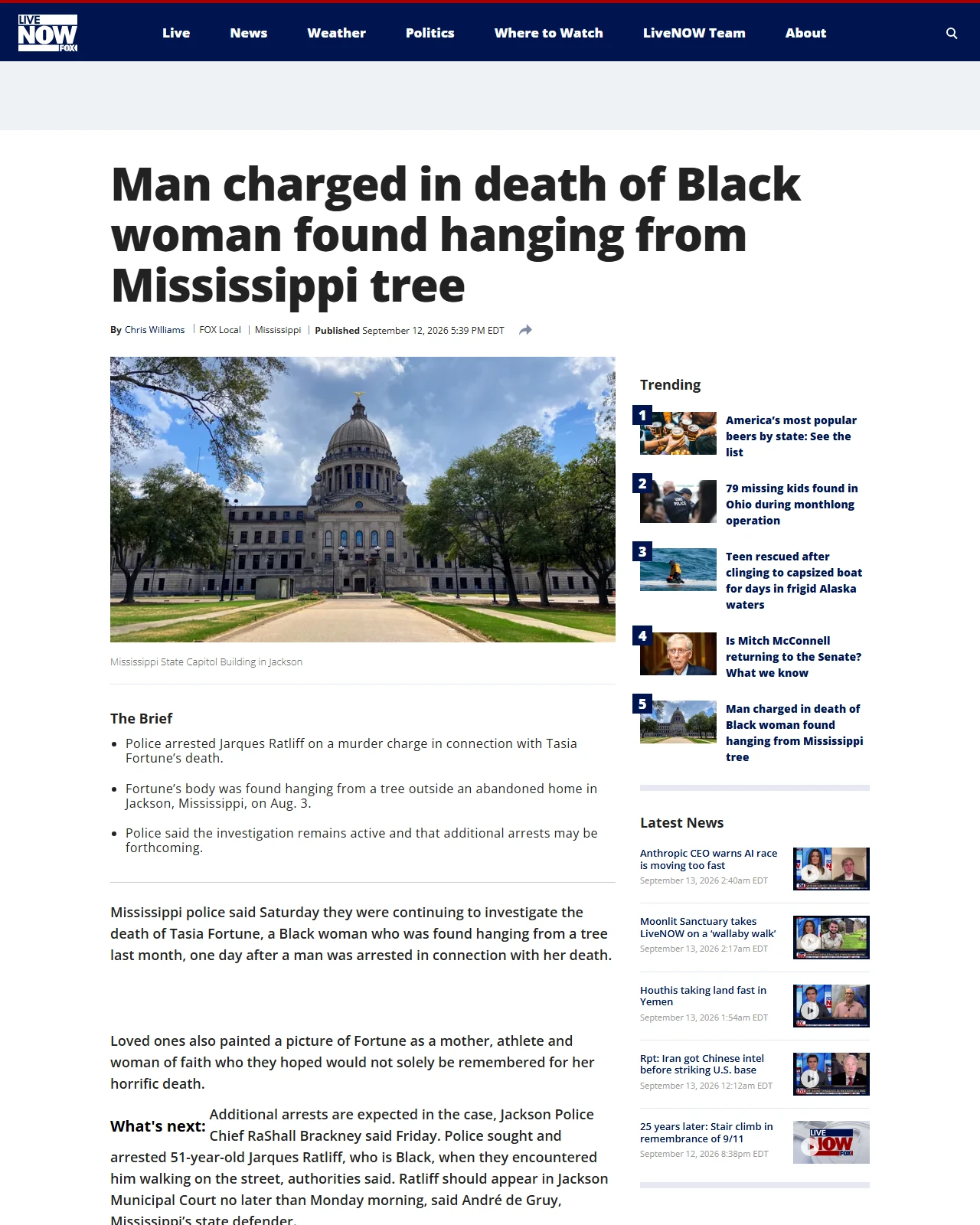 livenowfox.com as published: Man charged in death of Black woman found hanging from Mississippi tree