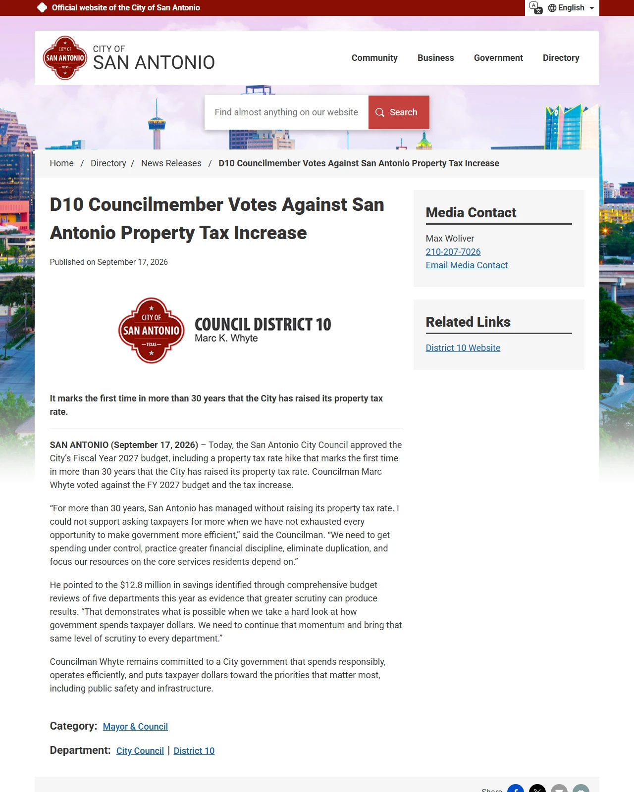 sa.gov as published: D10 Councilmember Votes Against San Antonio Property Tax Increase