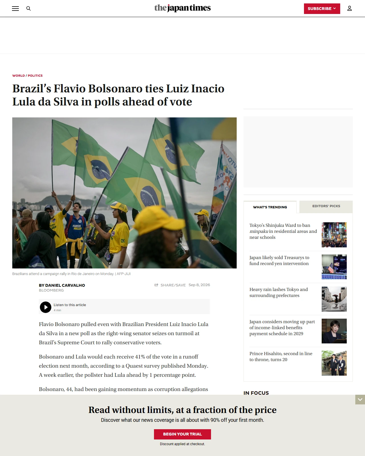 japantimes.co.jp as published: Brazil’s Flavio Bolsonaro ties Luiz Inacio Lula da Silva in polls ahead of vote