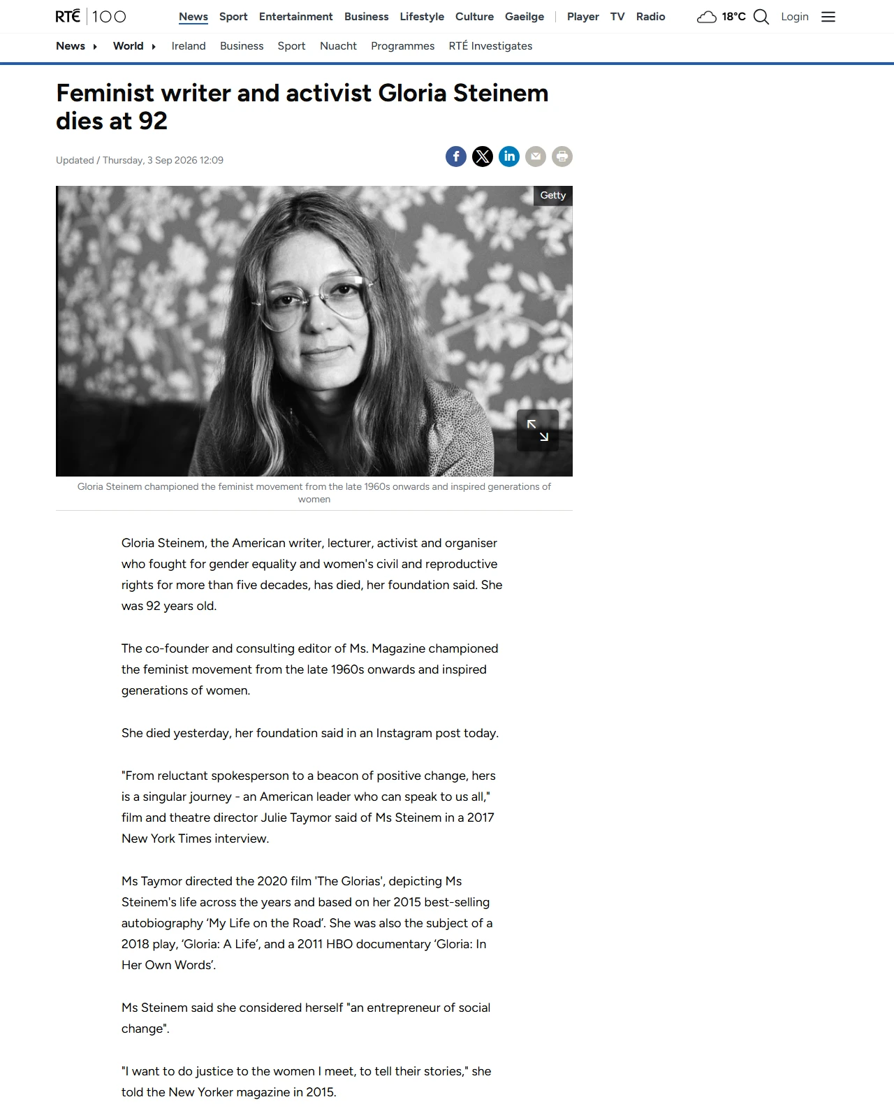 rte.ie as published: Feminist writer and activist Gloria Steinem dies at 92
