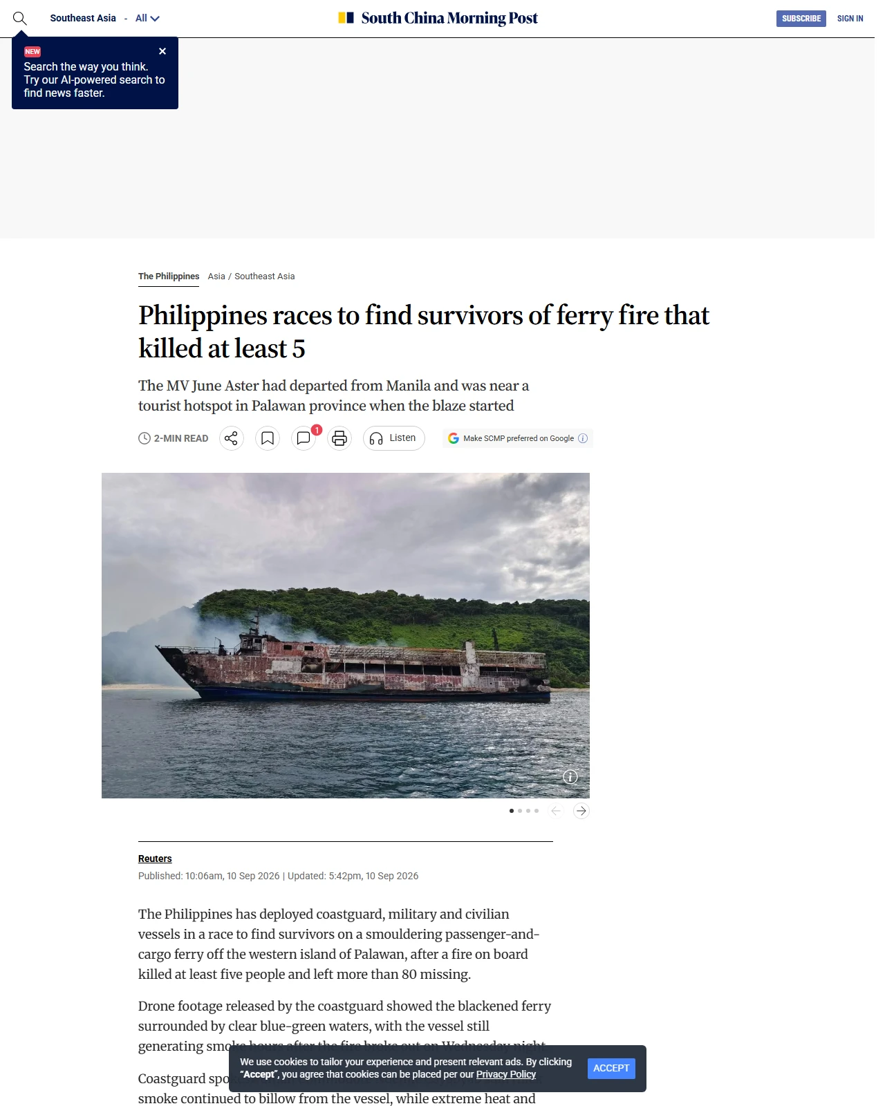 scmp.com as published: Philippines races to find survivors of ferry fire that killed at least 5