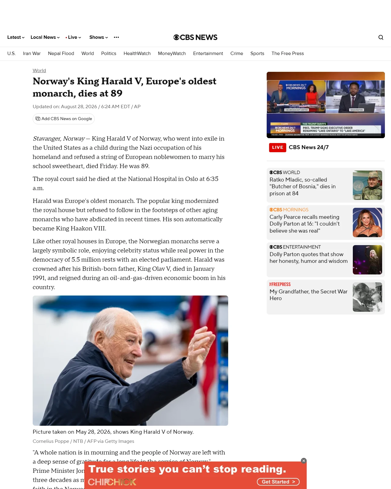cbsnews.com as published: Norway's King Harald V, Europe's oldest monarch, dies at 89