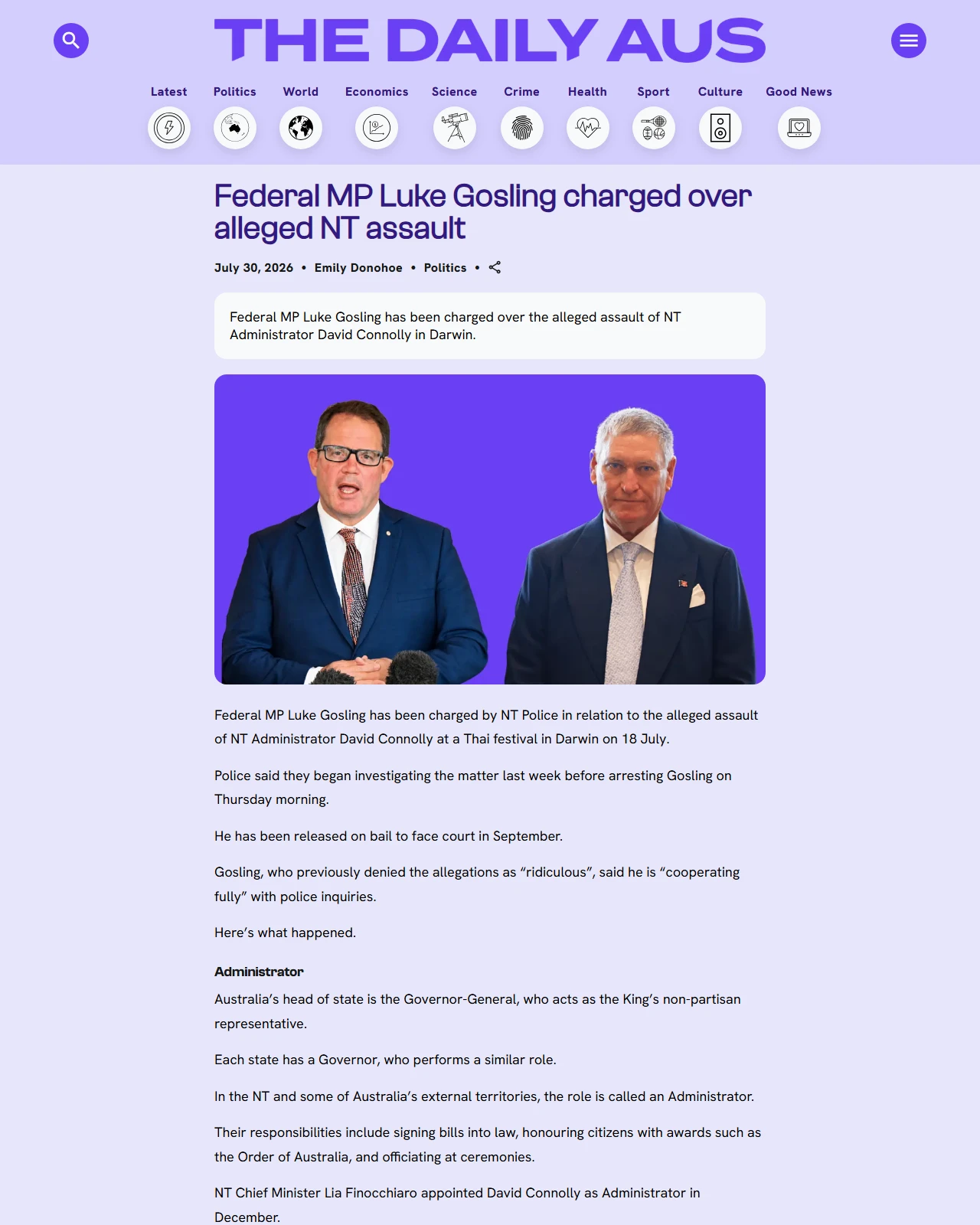 thedailyaus.com.au as published: Federal MP Luke Gosling charged over alleged NT assault