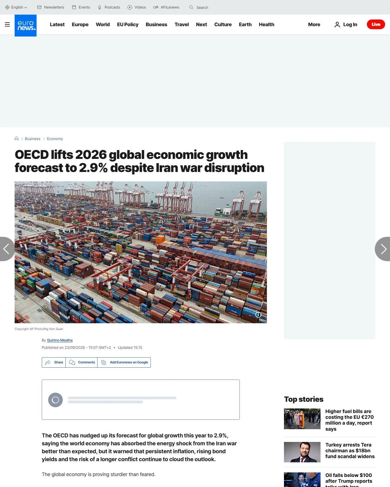 euronews.com as published: OECD lifts 2026 global growth forecast to 2.9% despite Iran war