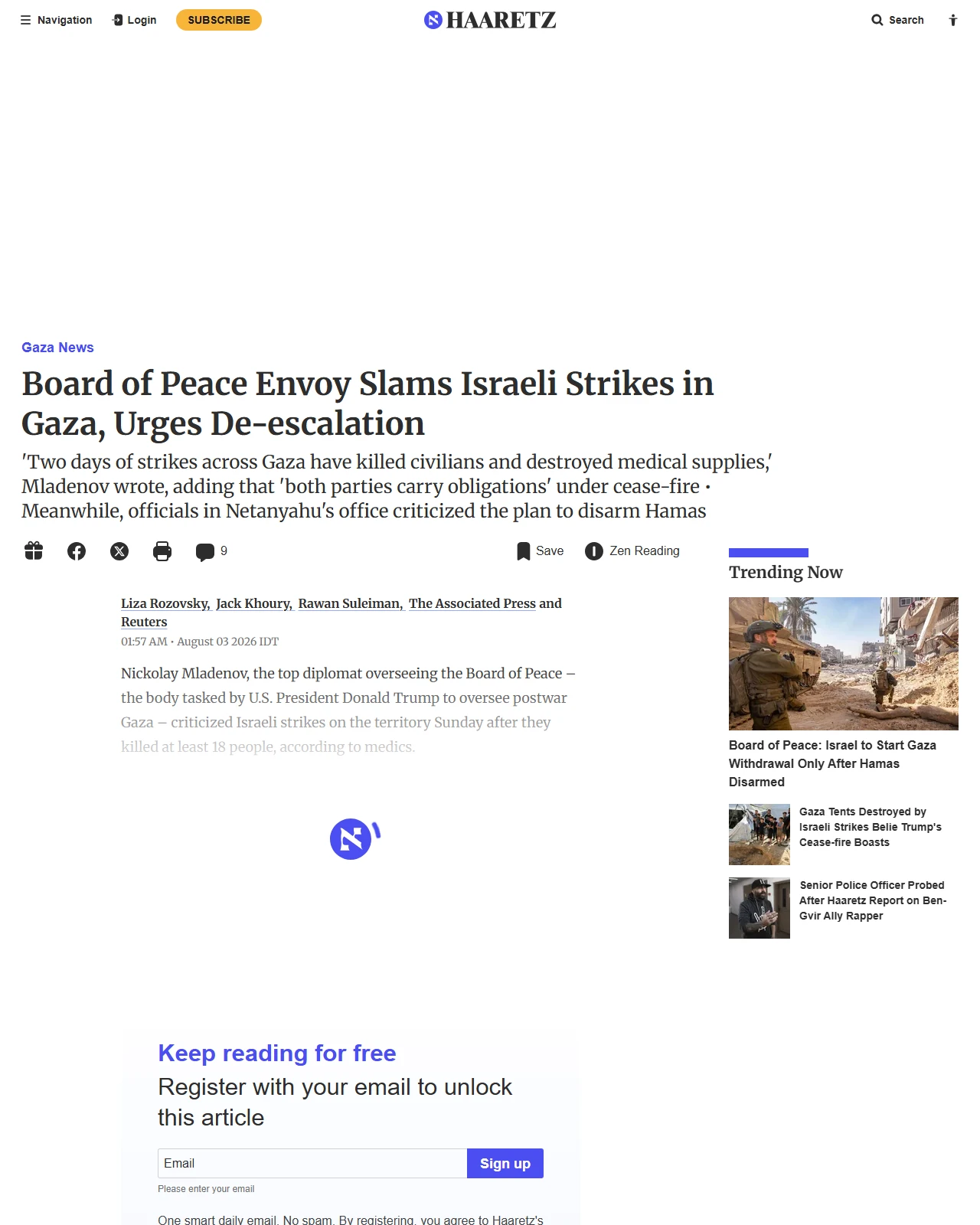 haaretz.com as published: Board of Peace Envoy Slams Israeli Strikes in Gaza, Urges De-escalation