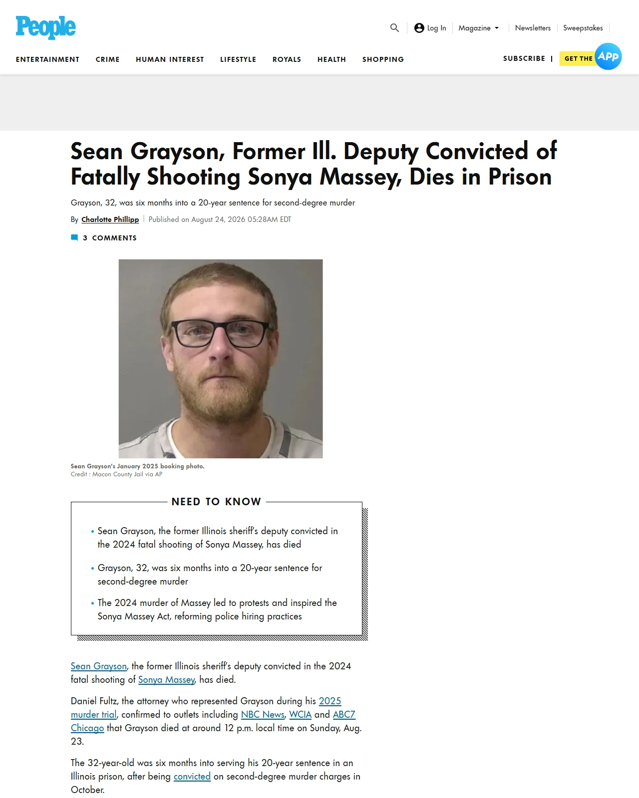 people.com as published: Sean Grayson, Former Ill. Deputy Convicted of Fatally Shooting Sonya Massey, Dies in Prison