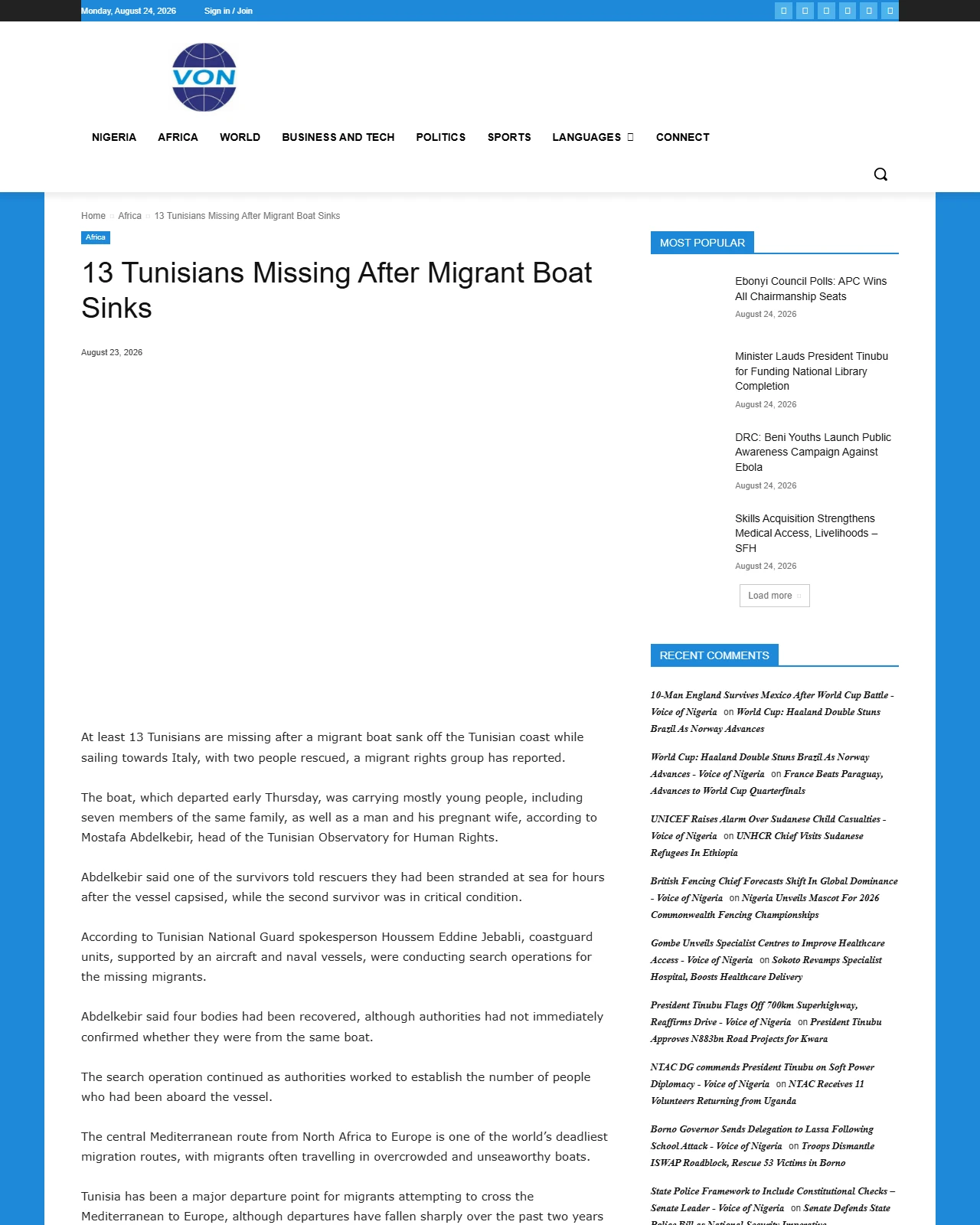 von.gov.ng as published: 13 Tunisians Missing After Migrant Boat Sinks