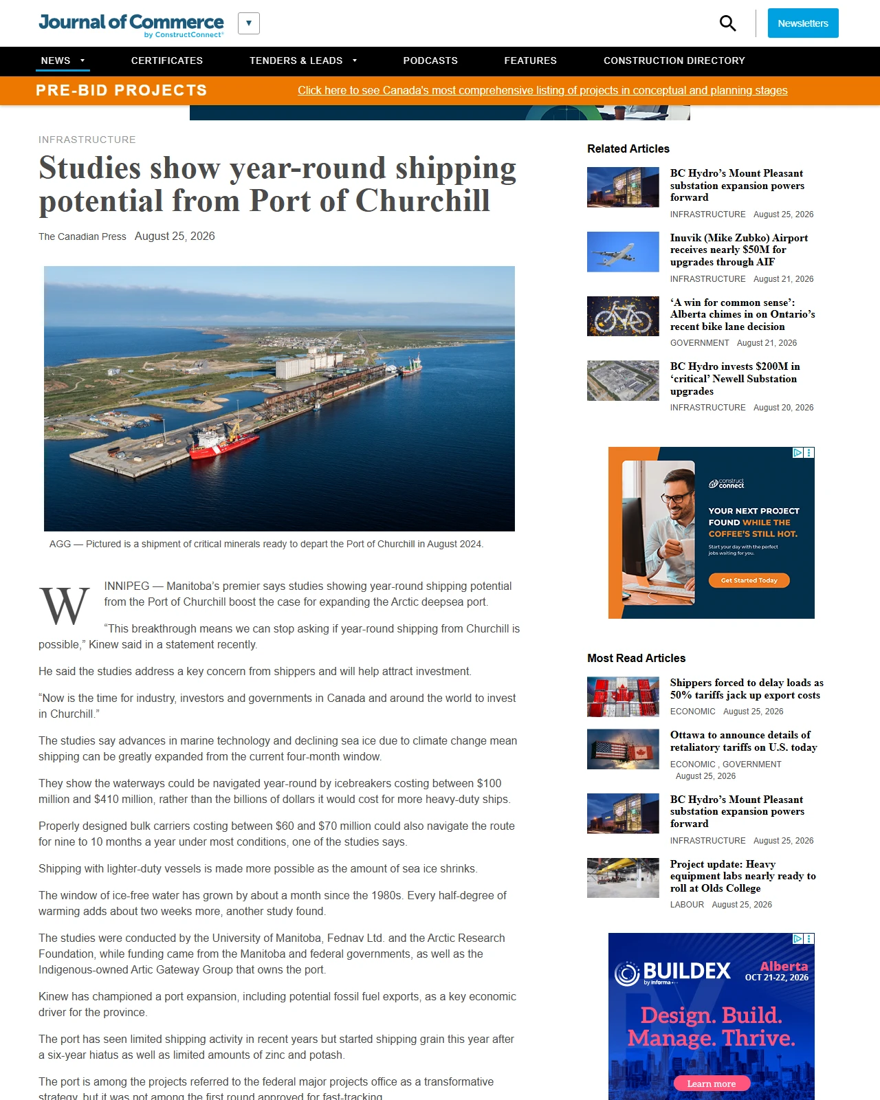 canada.constructconnect.com as published: Studies show year-round shipping potential from Port of Churchill
